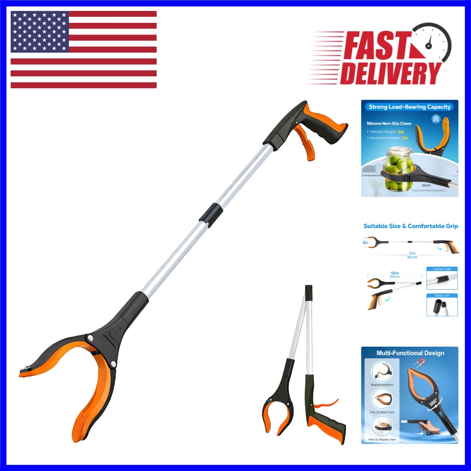 Seniors' Essential 32” Foldable Reacher Grabber Tool - Lightweight and Versatile