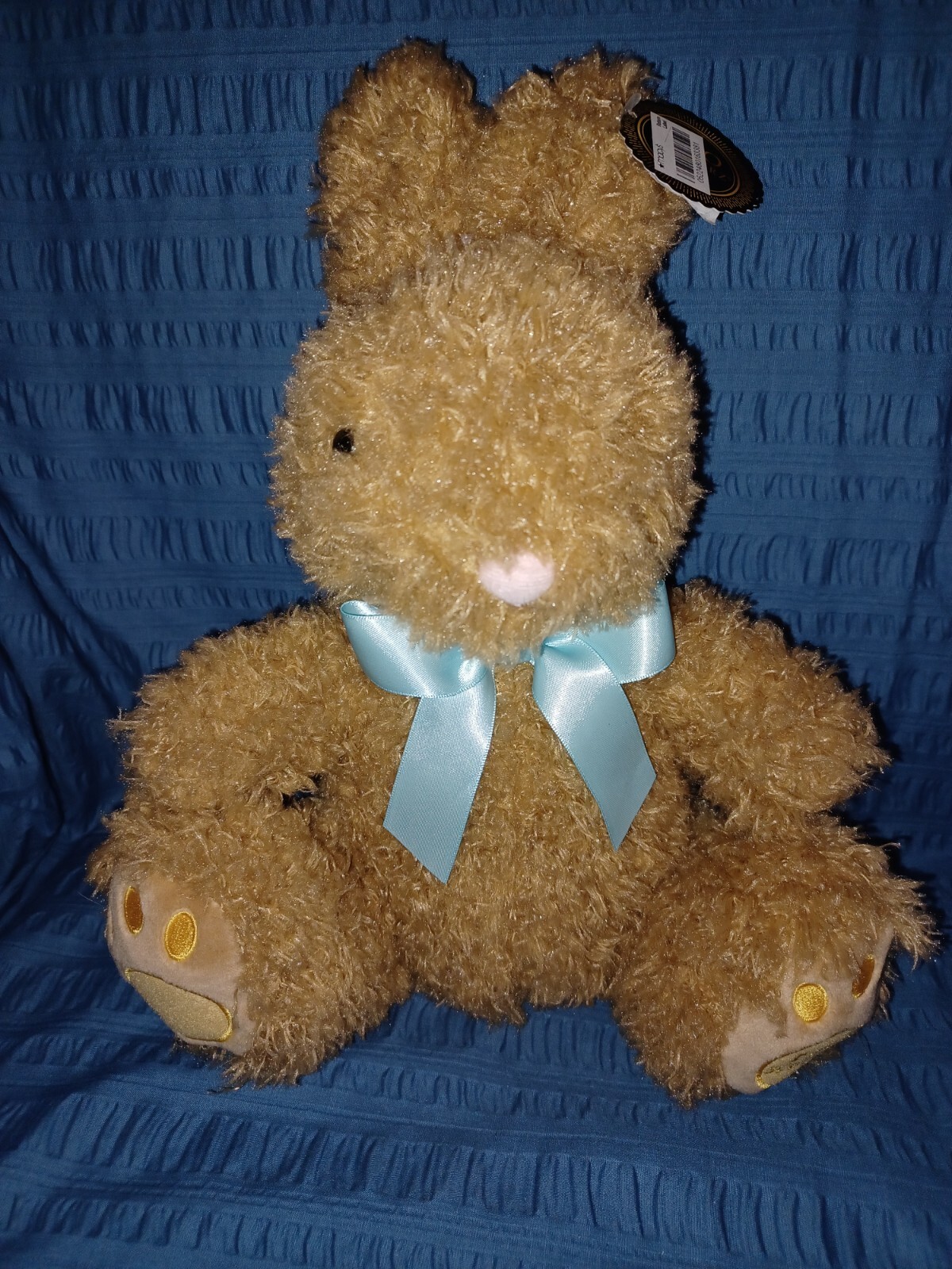 FAO Schwarz 13” Furry Brown Bunny Rabbit w/ Blue Bow Plush Stuffed Animal NWT