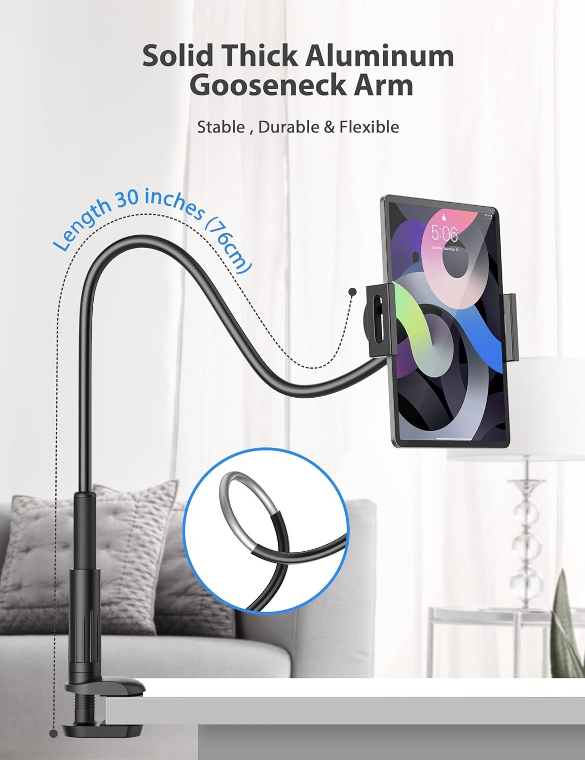 Tablet Stand Holder for Bed, Gooseneck Mount with Adjustable Flexible black