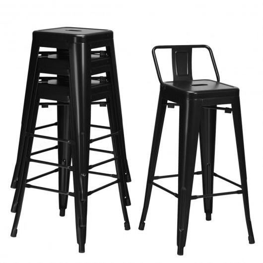 30 Inch Set of 4 Metal Counter Height Barstools with Low Back and Rubber Feet-Bl