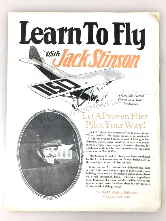 1928 Jack Stinson Aviation School Brochure Learn To Fly Antique Flyer Pamphlet