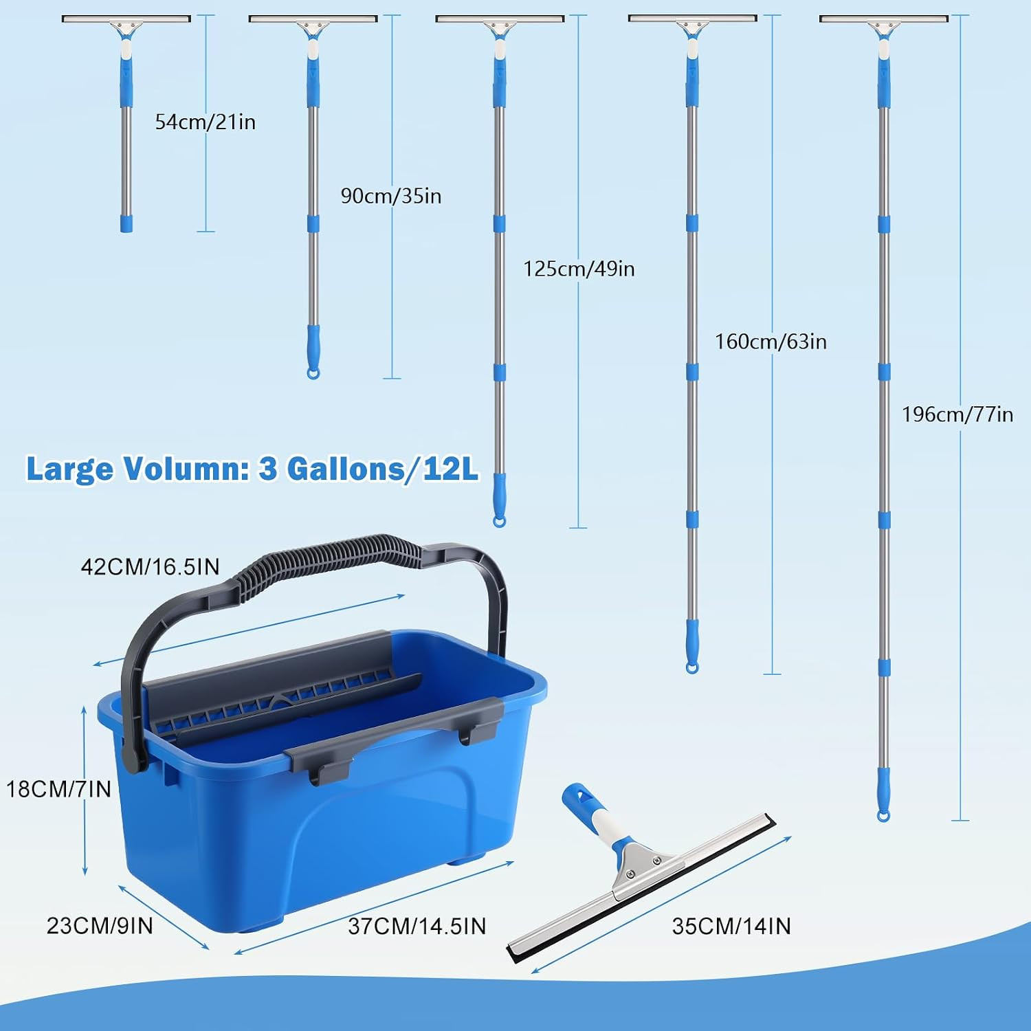Professional Window Cleaning Kit with Bucket 3 Gallon, 14" Window Squeegee Micro