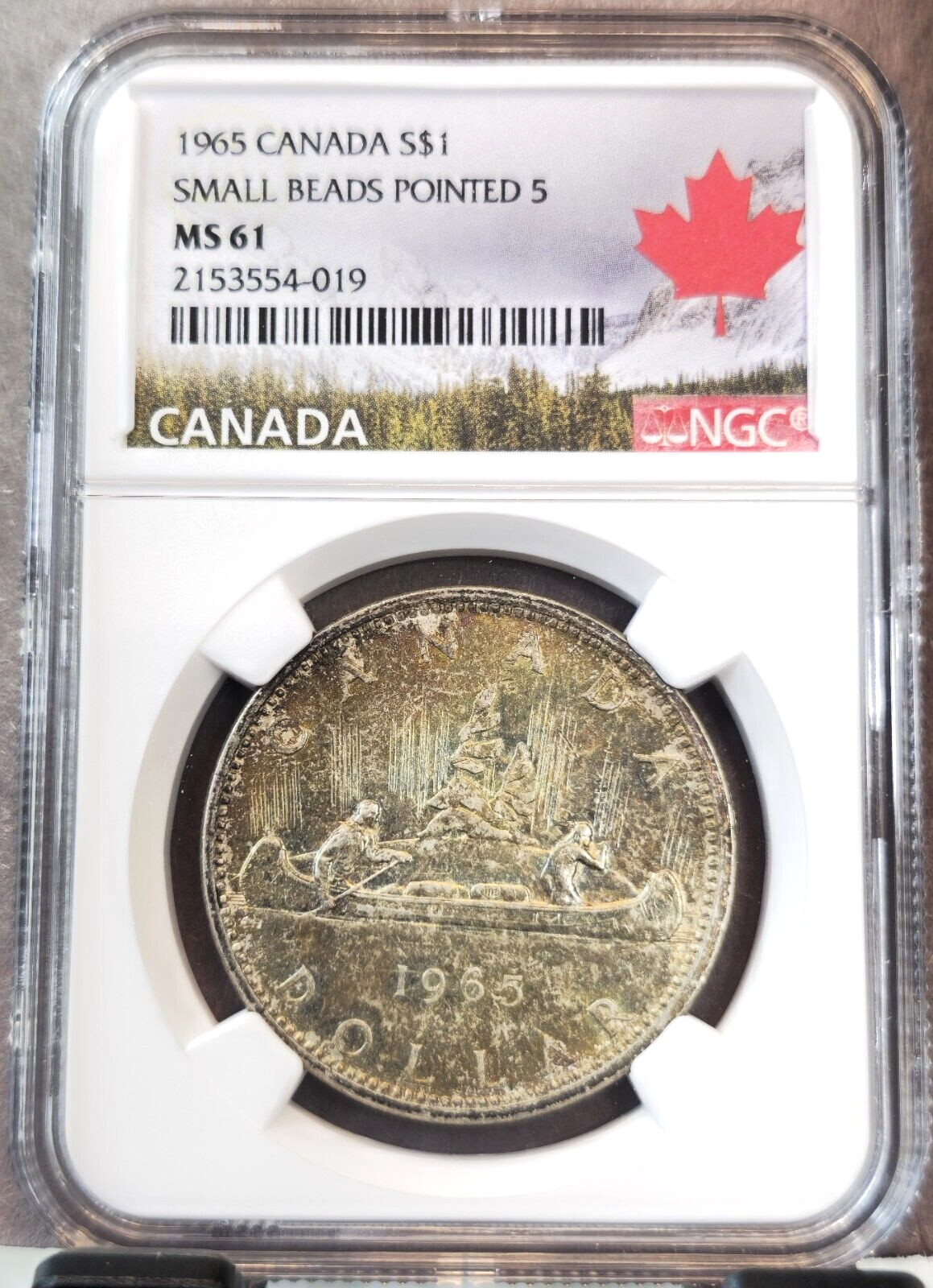 1965 CANADA SILVER 1 DOLLAR S$1 SMALL BEADS POINTED 5 NGC MS 61 SCARCE COLOR