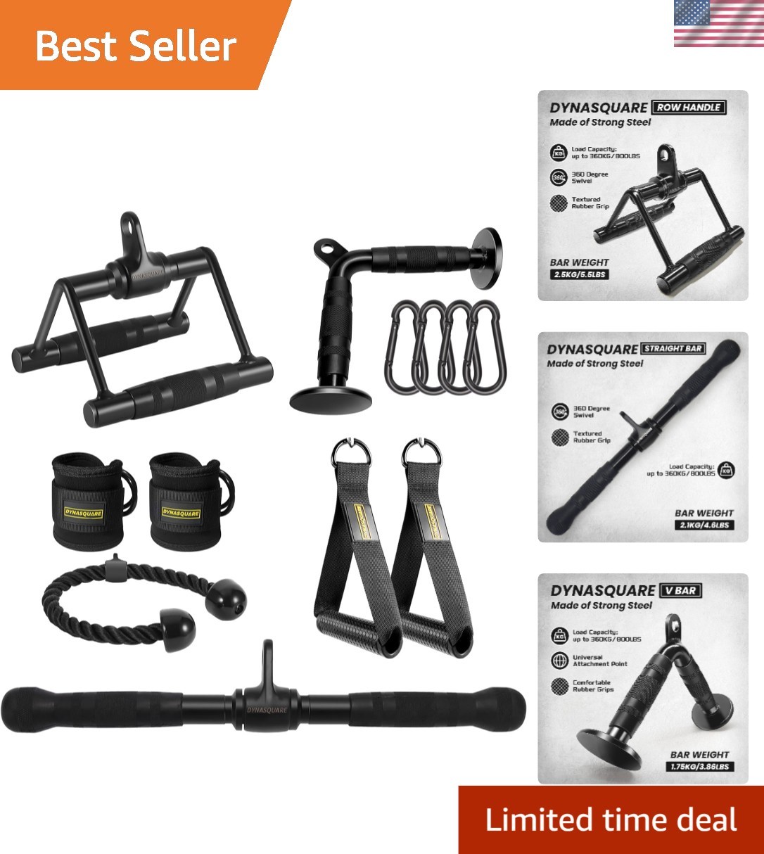 Complete Cable Machine Accessory Set - 8 Solid Steel Attachments for Workouts