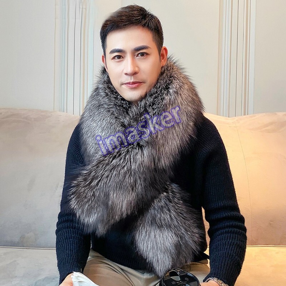 Men's Real Fox Fur Scarf Collar Winter Warm Shawl Neckerchief Silver Black