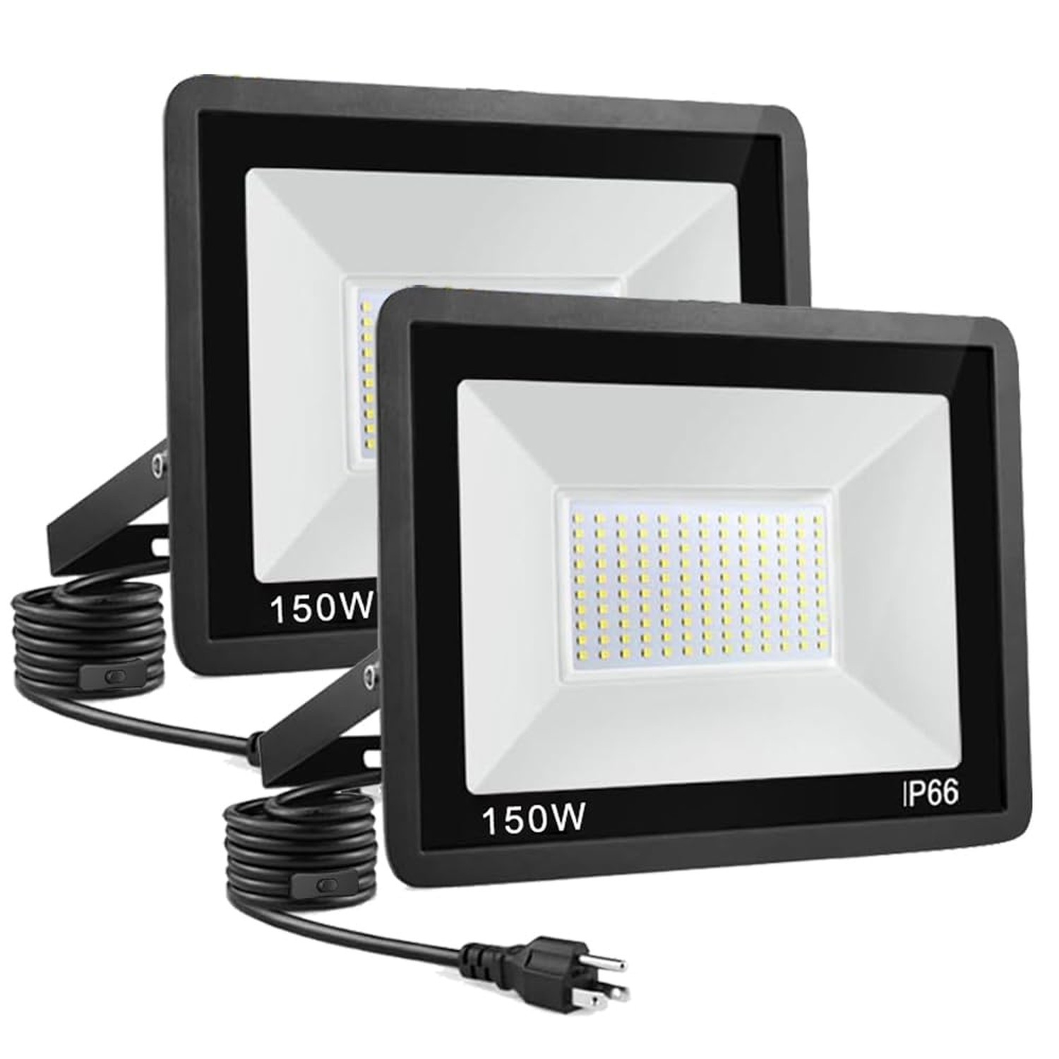 2-Pack 150W LED Flood Light, 16000lm with 9.84FT/3m Cord plug switch ，Sup