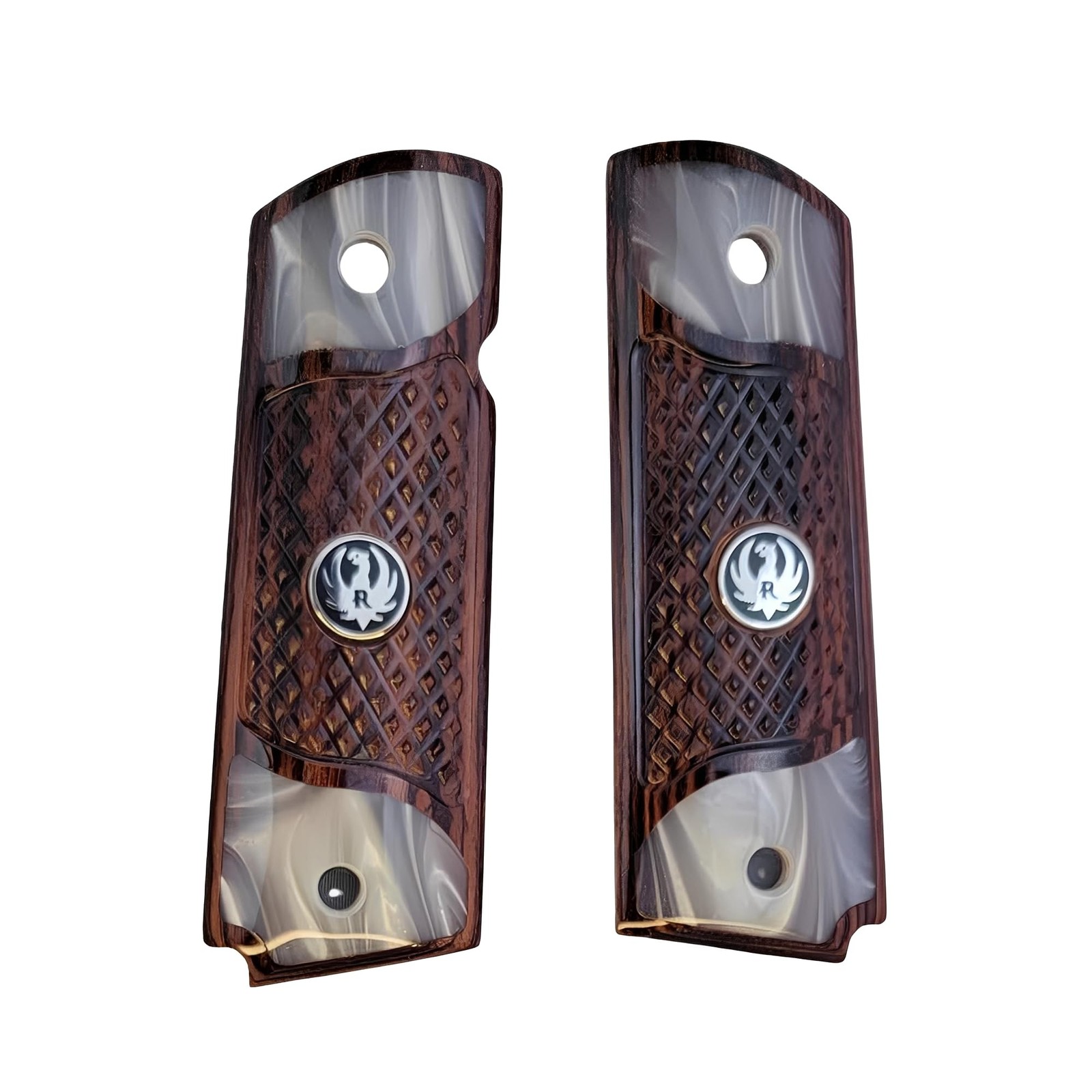 1911 Full Size Grips Checkered Rosewood Acrylic Pearl Black Ruger Medallion