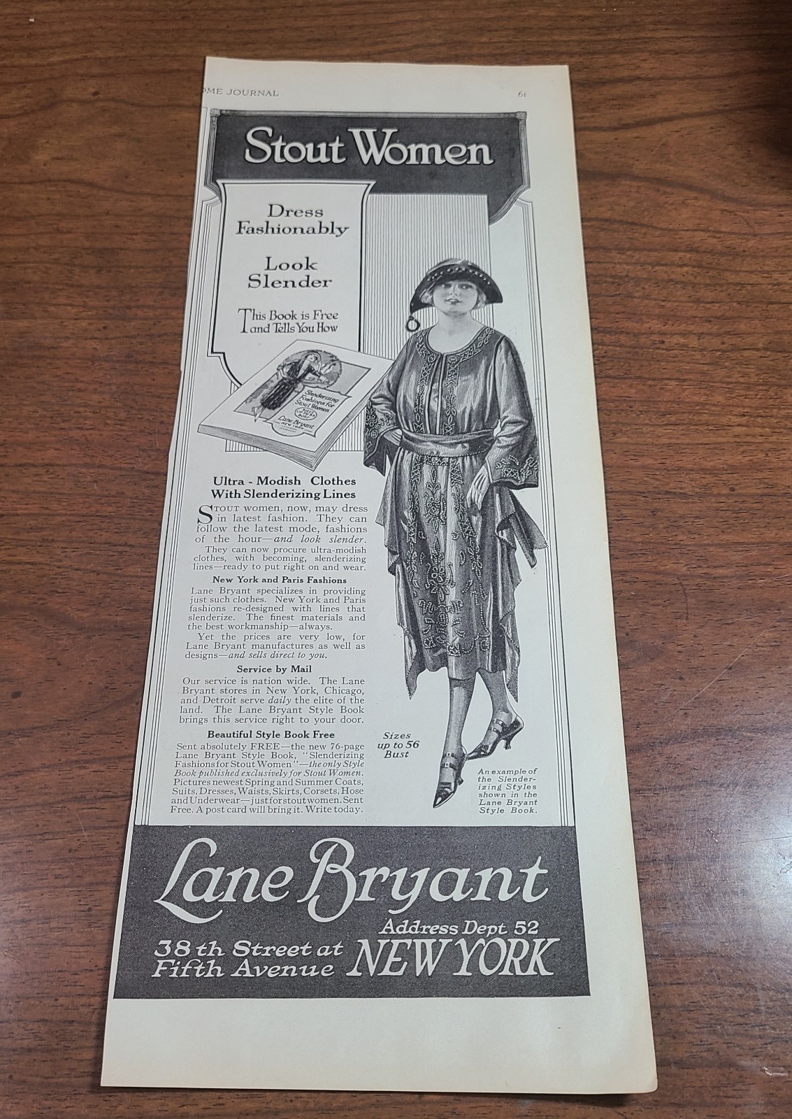 Vintage 1922 LANE BRYANT New York Stout Women Dress Fashion 20's Print Ad