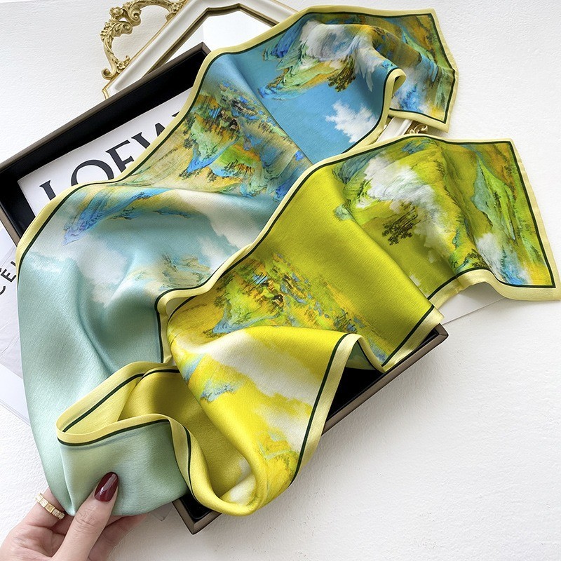100% Silk Long Scarf Women Vintage Green Chinese Painting Neckerchief 150*15cm