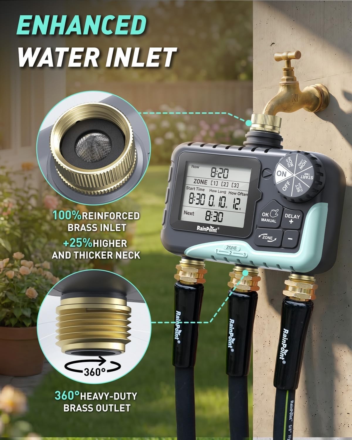 RAINPOINT 3‑Zone Water Timer, Brass Inlet/Outlet, 2027 Upgraded & Enhanced LCD