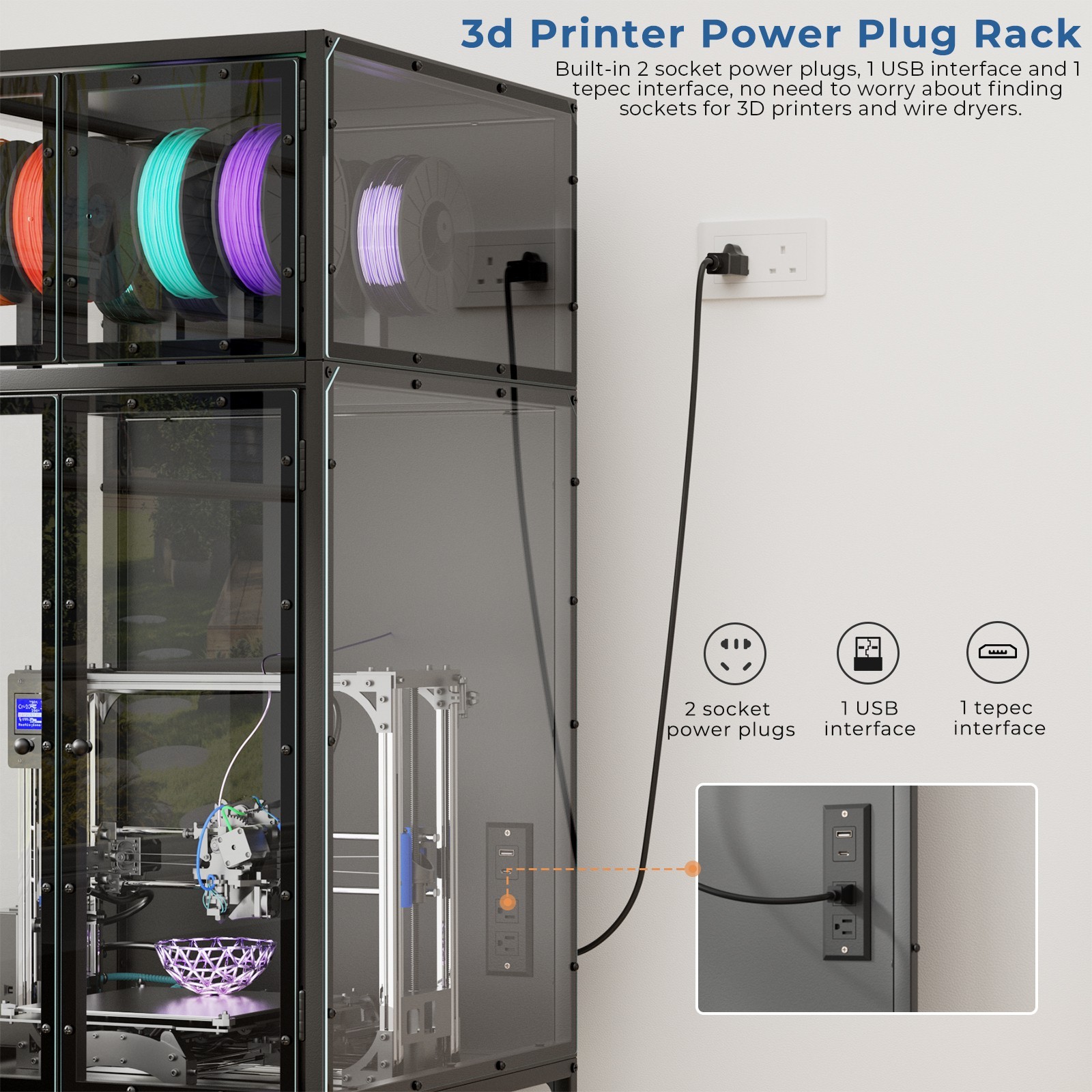 3D Printer Cabinet, Dual-Layer Filament Rack, T-Bar, Noise-Reducing