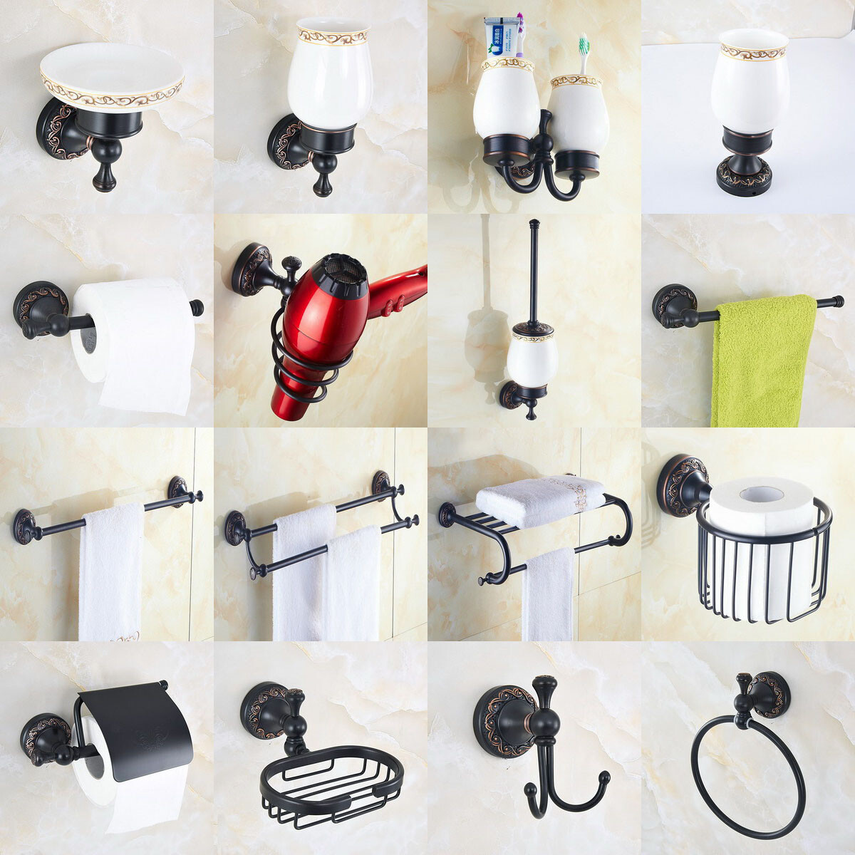 Oil Rubbed Brass Carved Bathroom Accessories Set Bath Hardware Towel Bar fset008