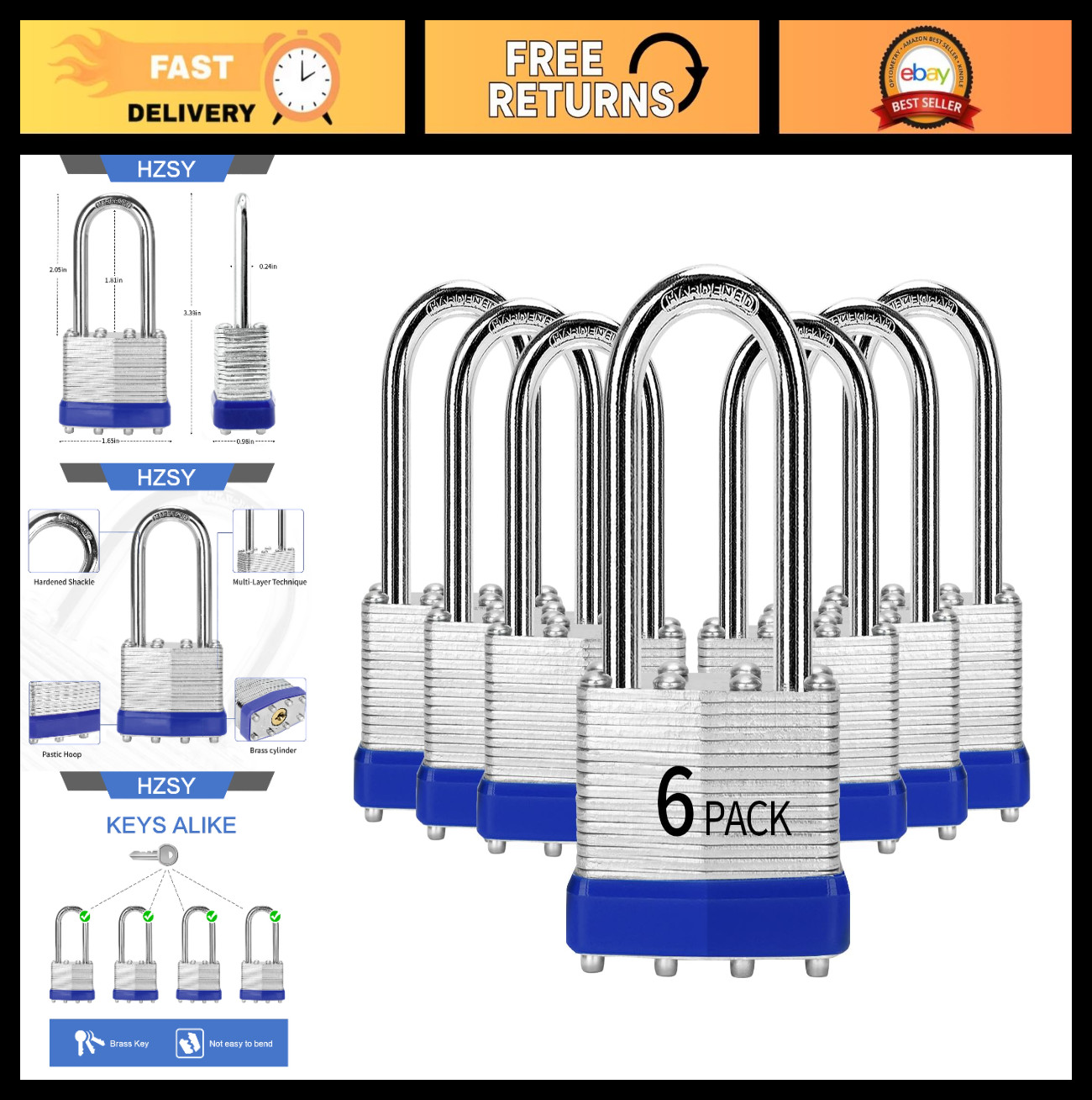 Keyed Alike Padlocks Set of 6, Laminated Steel Long Shackle Locks for Toolbox, L
