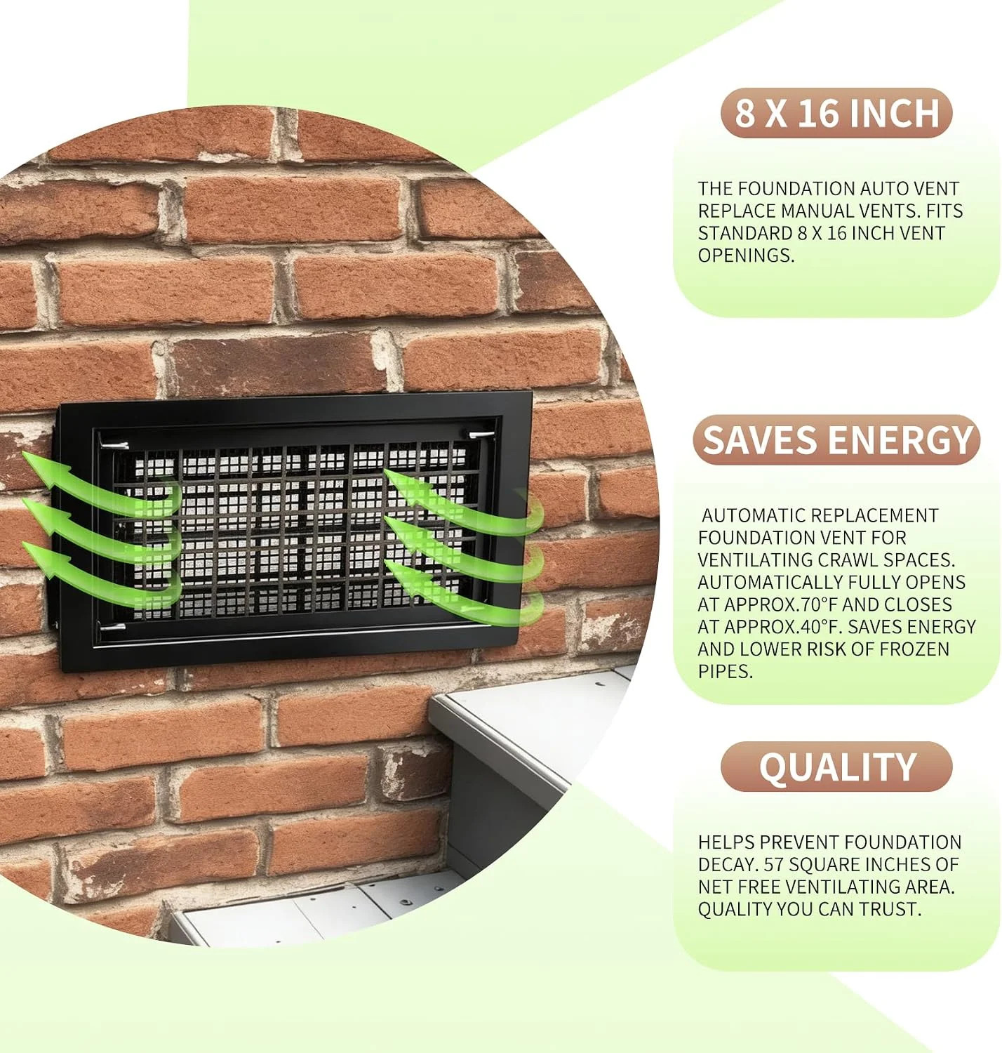 8" x 16" Automatic Foundation Vent for Ventilating Crawl Space Replacement Auto