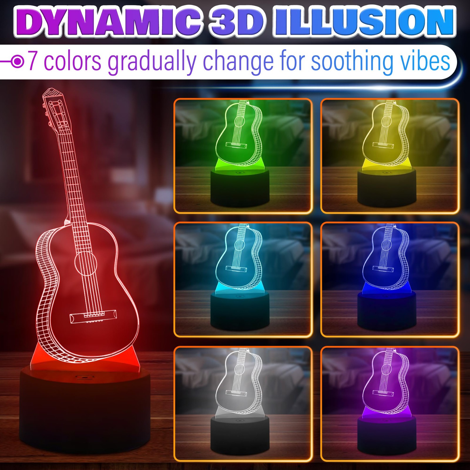 3D Illusion Night Light Lamp - Guitar Decor Small, Multicolor