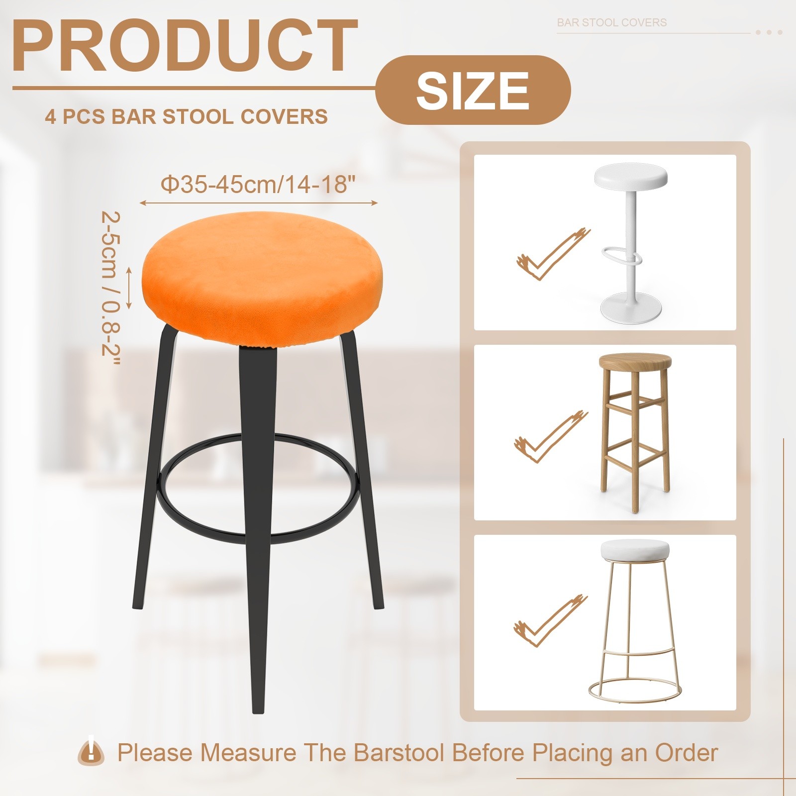 4 Pcs Bar Stool Covers, 14-18" Round Stool Covers with Elastic Band, Orange