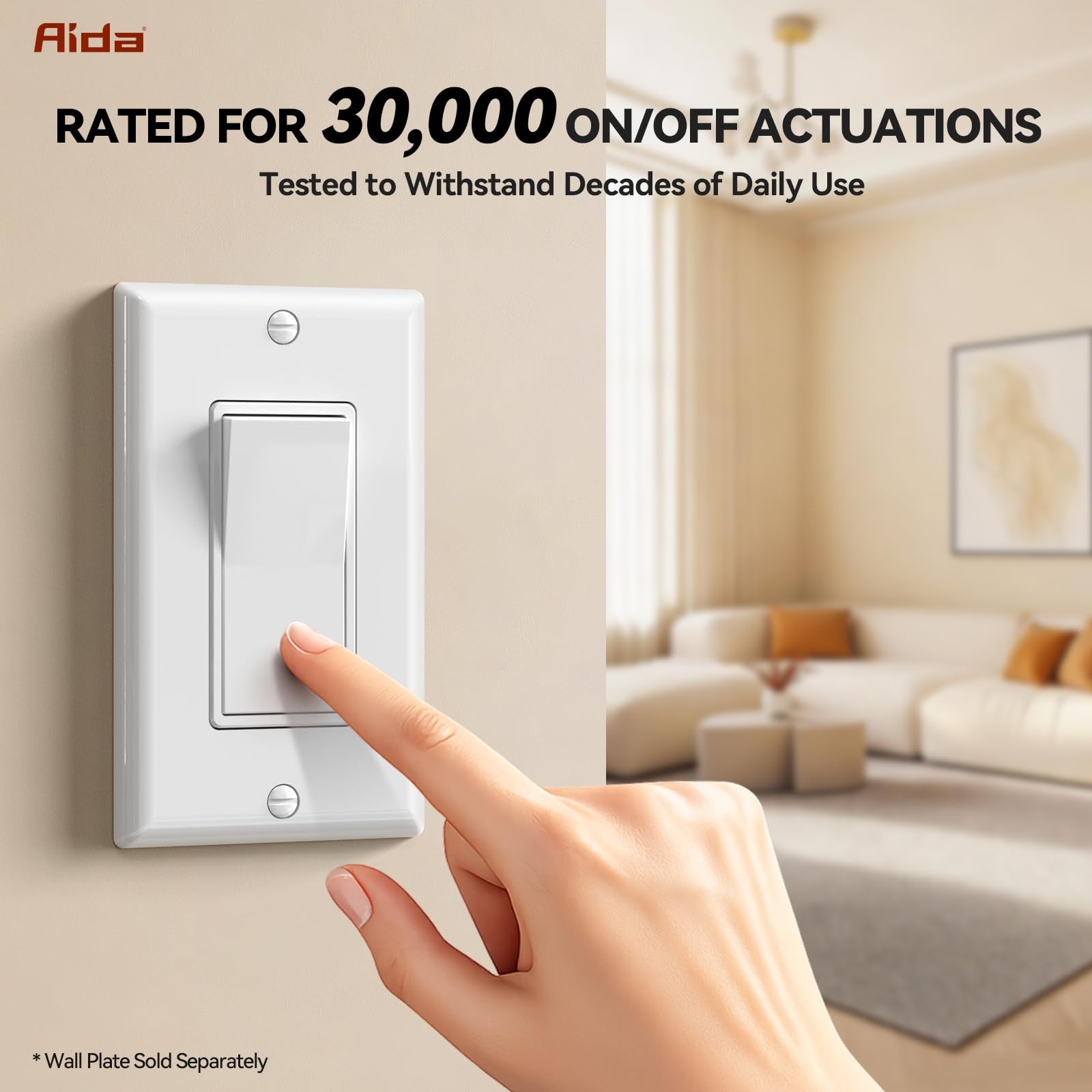 AIDA Single Pole Rocker Decorator Light Switch, 15 Amp Self-grounding Electri...