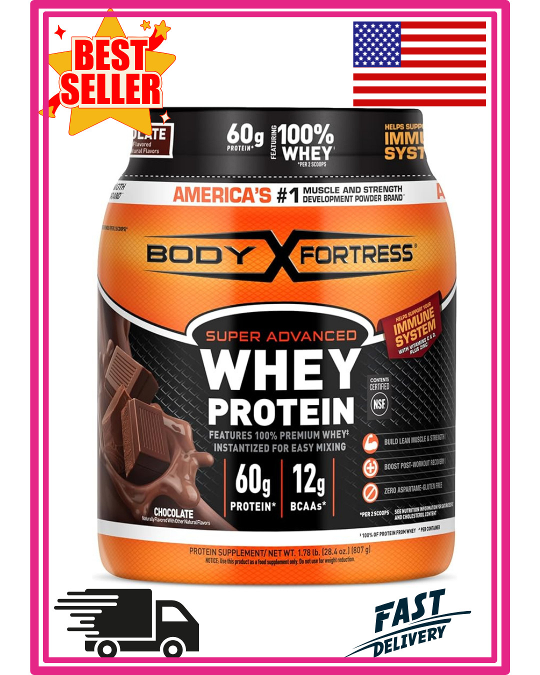 Body Fortress Super Advanced 100% Premium Whey Protein Powder, Chocolate, 60g