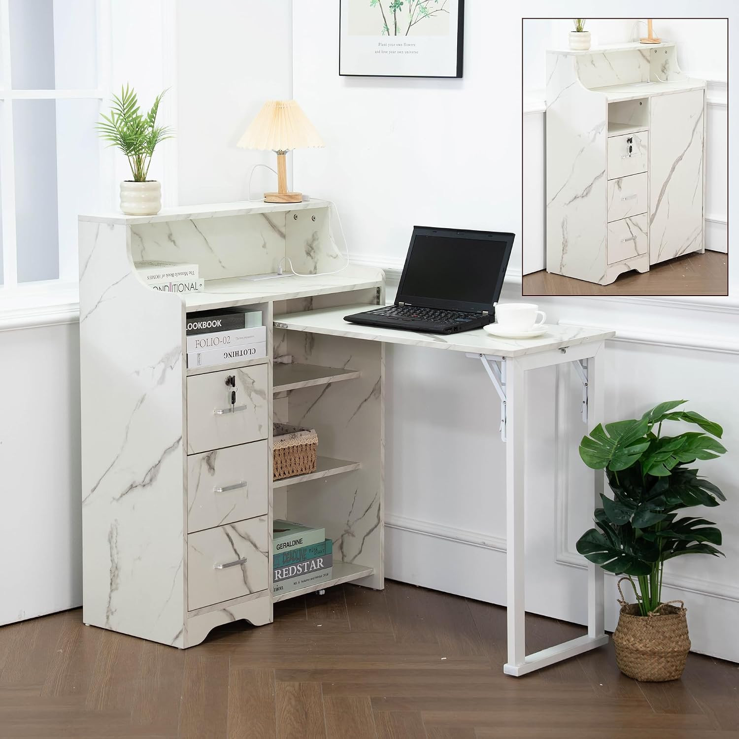 Fold Out Desk with Storage, Hidden Desk with Lockable Drawers & Shelves, Built-I