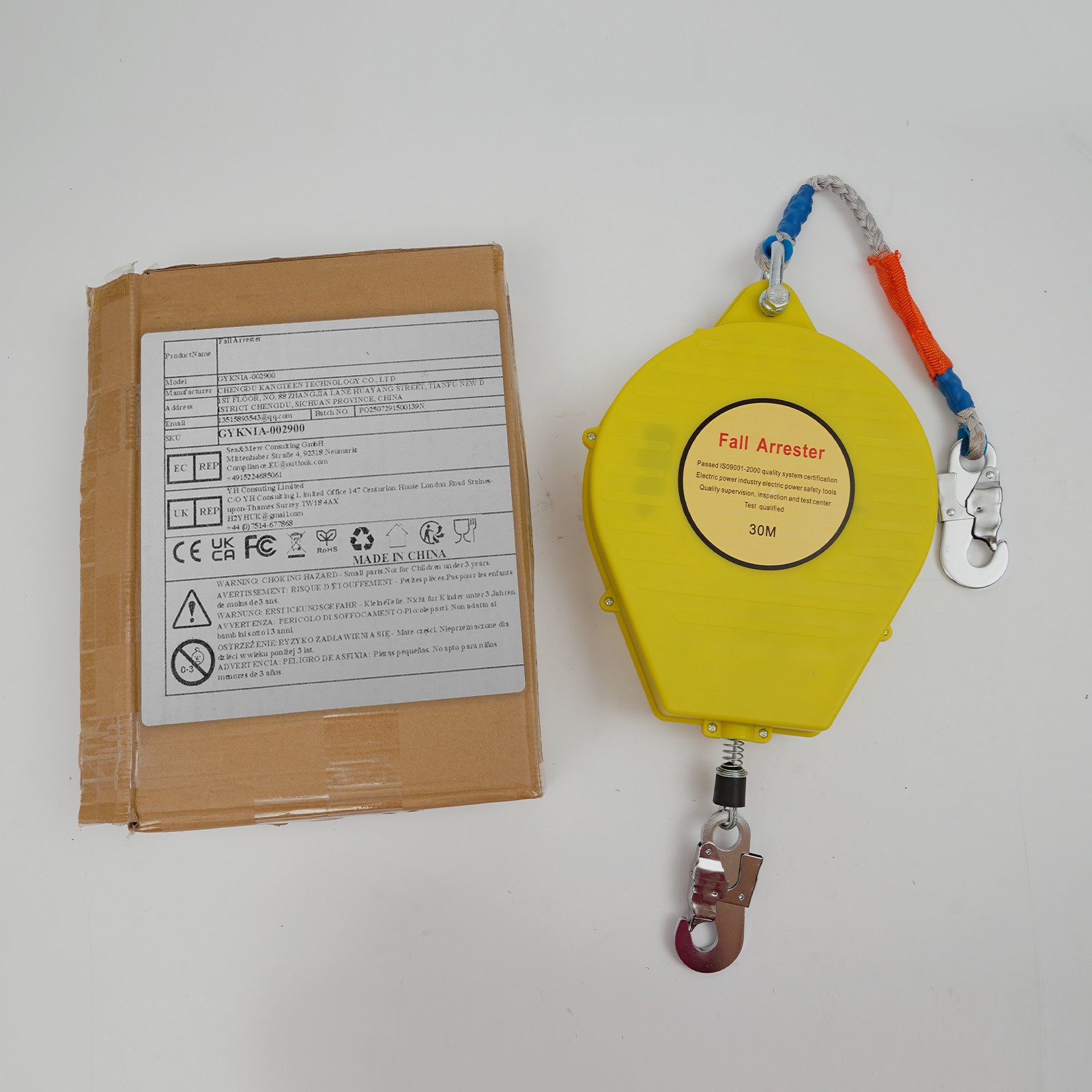 30M-Range Self-rRetractable Fall Arrester Fall Arrest Protector Yellow Max 150kg