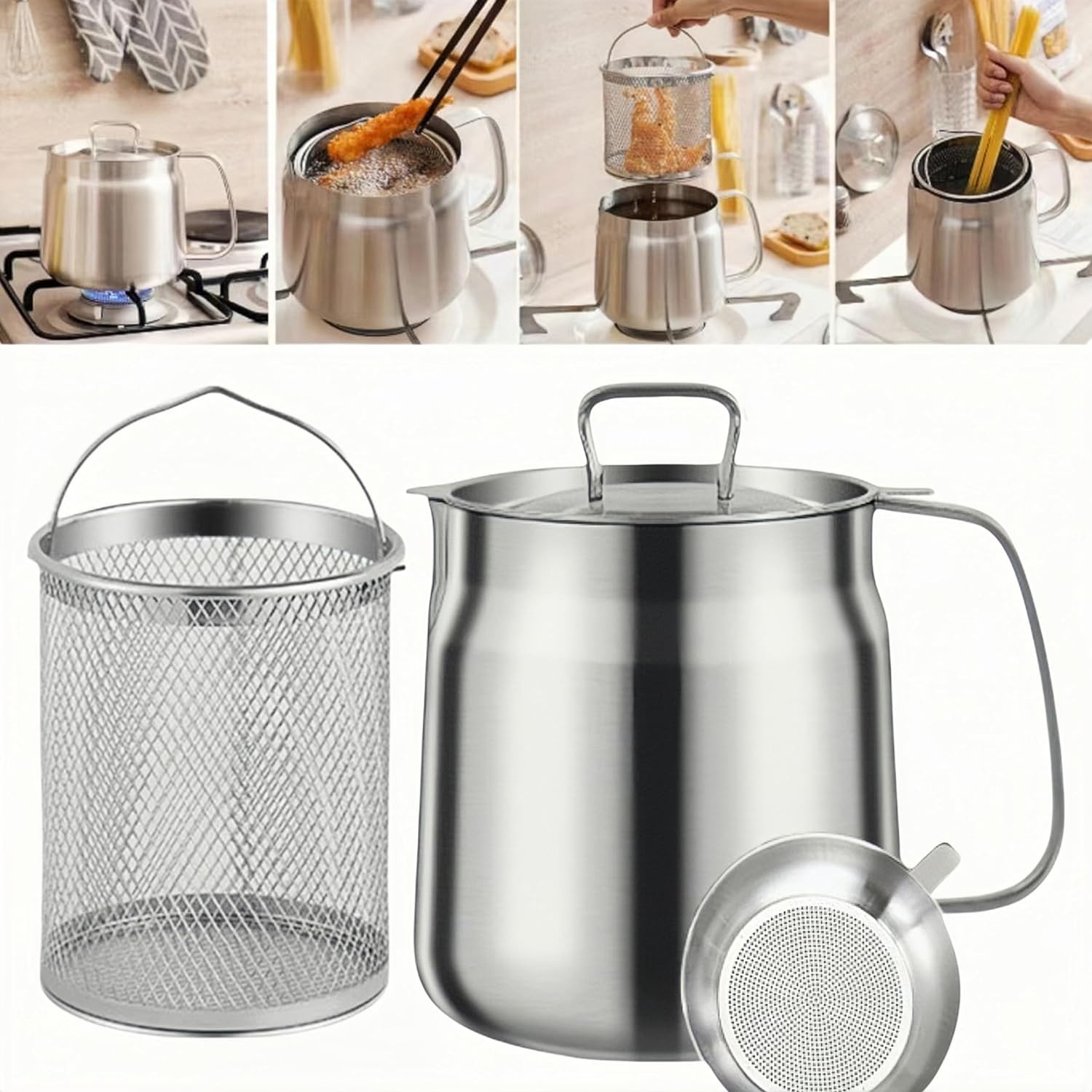 50oz 304 Stainless Steel Deep Fryer Pot with Basket 1.6 Quarts, silver color