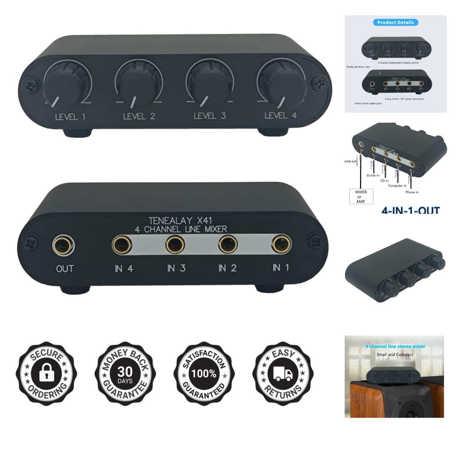 Ultra-Compact 4 Channel Passive Audio Mixer with Independent Volume Control