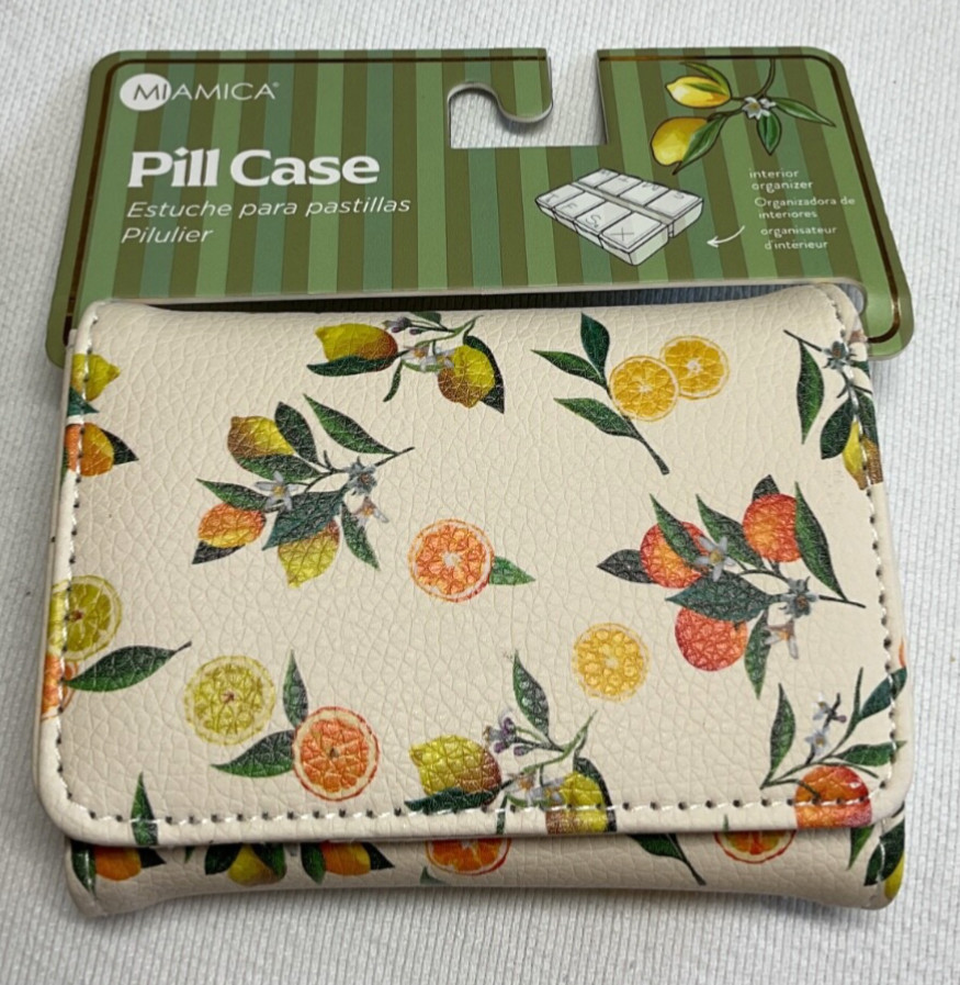 MIAMICA  PILL CASE  WITH 8 SECTION PILL ORGANIZER ORANGES LEMONS FOLD OVER NIP