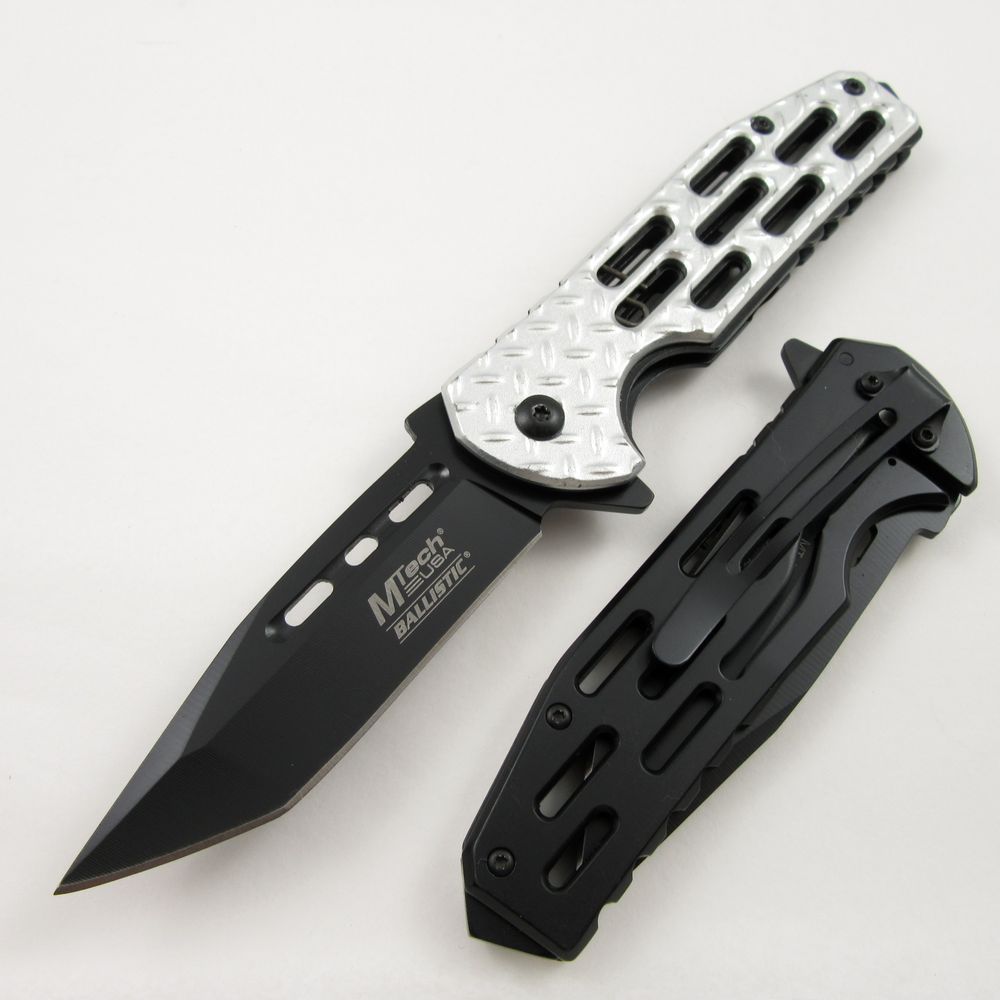 SPRING-ASSIST FOLDING POCKET KNIFE Mtech Silver Diamond Tread Tactical Tanto