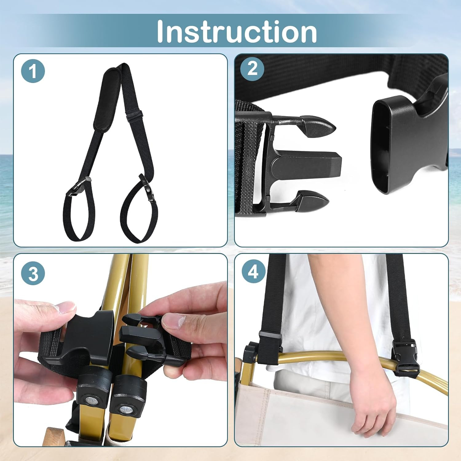 3 Pack Beach Chair Backpack Straps Heavy Duty Adjustable Chair Carrier Black