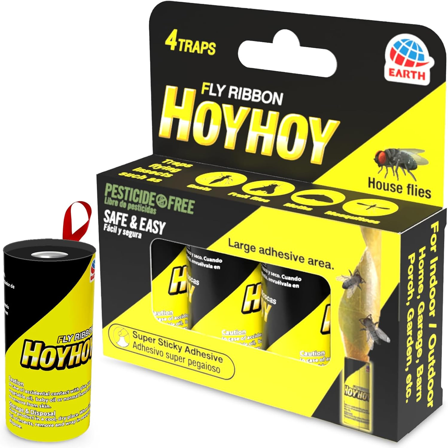 Fly Ribbon 4 Traps (1 Pack) - Multi-Insect Catcher for Home & Garden, Super Stic