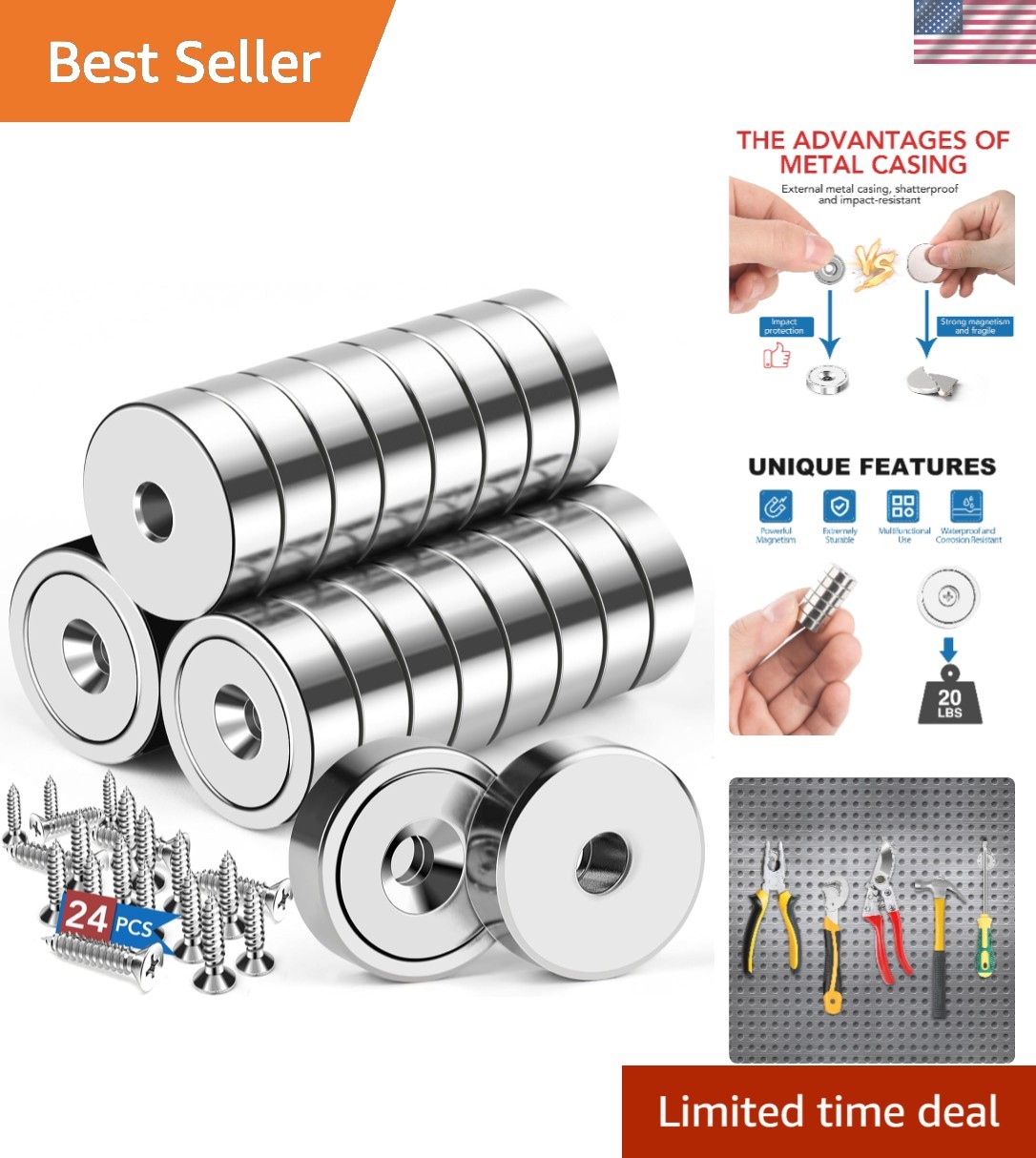 Exceptional 24Pcs Neodymium Pot Magnets - 20lb Capacity with Countersunk Holes