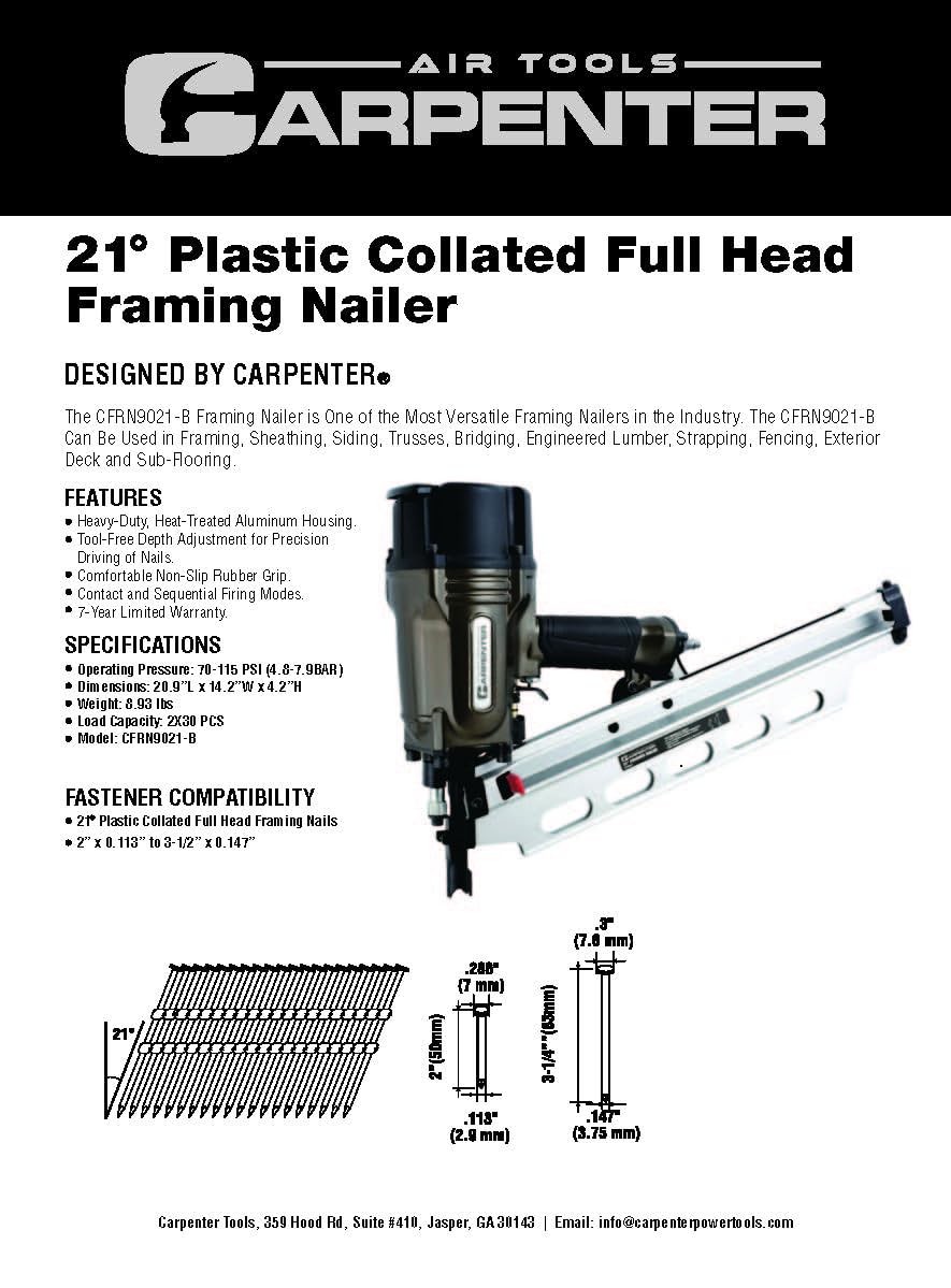 Carpenter Air Tools CFRN9021-B 21° Full Round Head Framing Nailer Silver