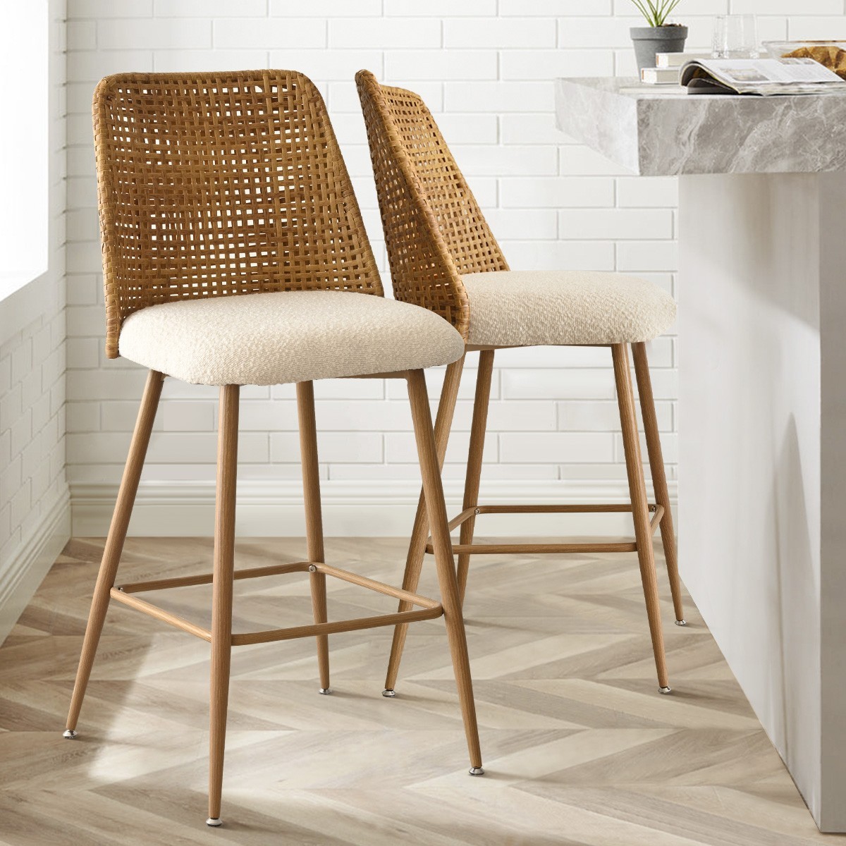 Set of 3 Upholstered Boucle Rattan Full Back Counter Stool