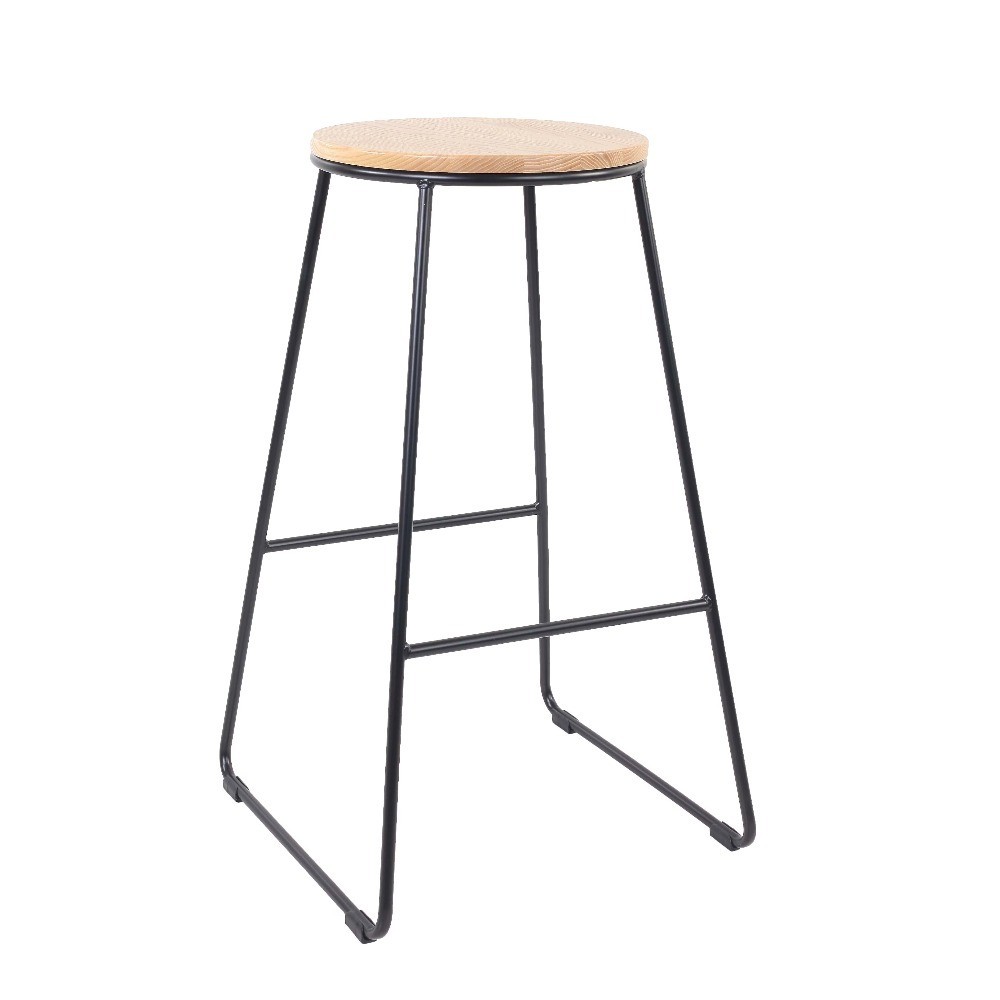 28H Backless Stool Black Metal Base Natural Wood Seat
