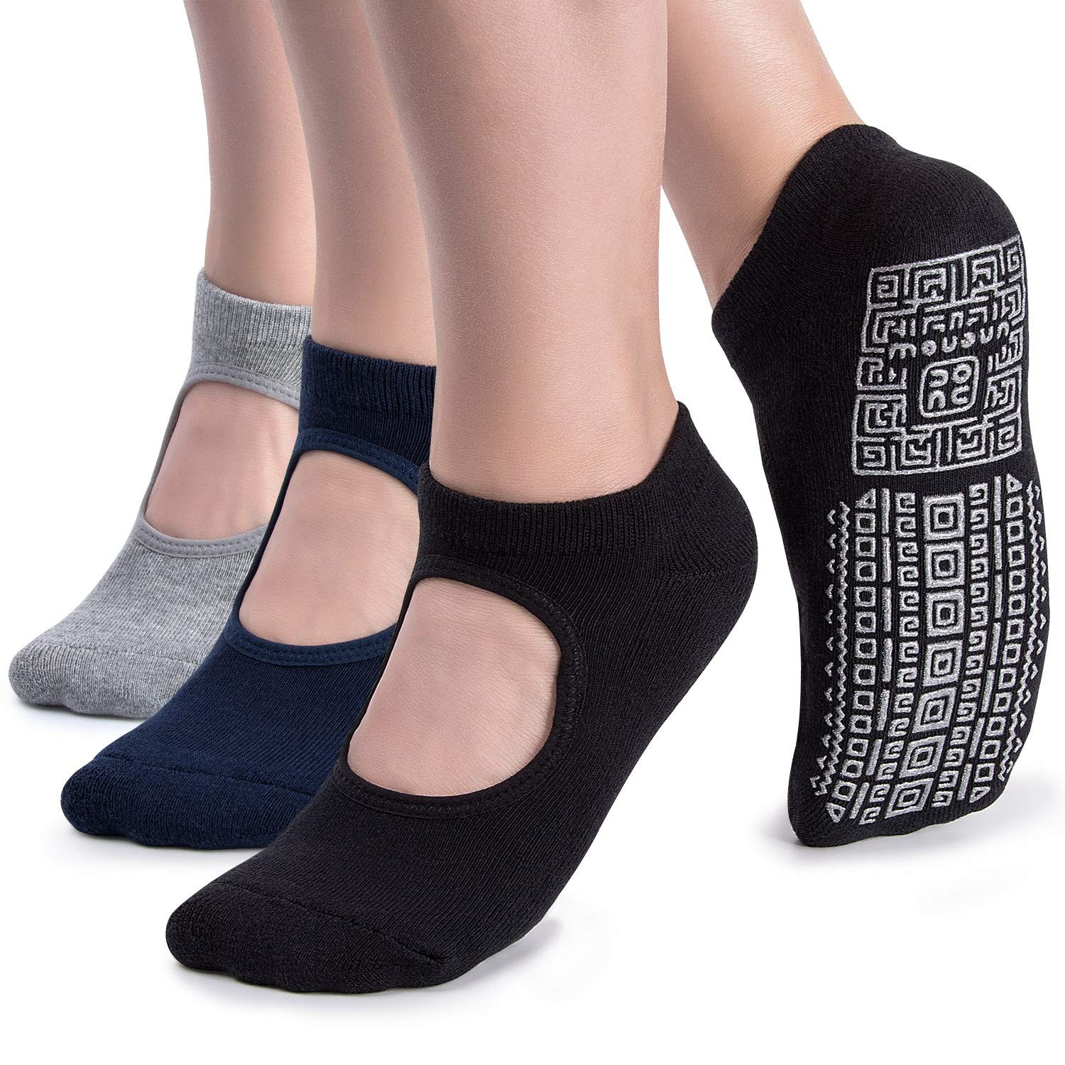 unenow Non Slip Grip Yoga Socks for Women One Size, 3 Pairs-black/Navy/Grey