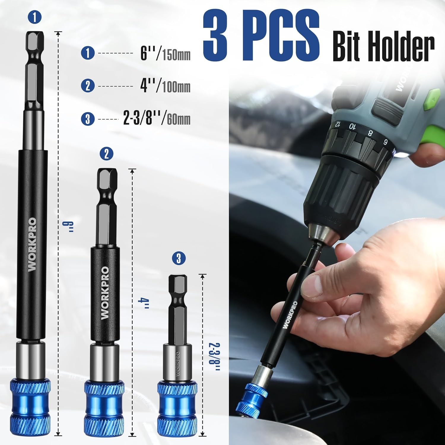 WORKPRO 3PCS 2-3/8" 4" 6" Drill Bit Extension Magnetic Quick Release Bit Holders