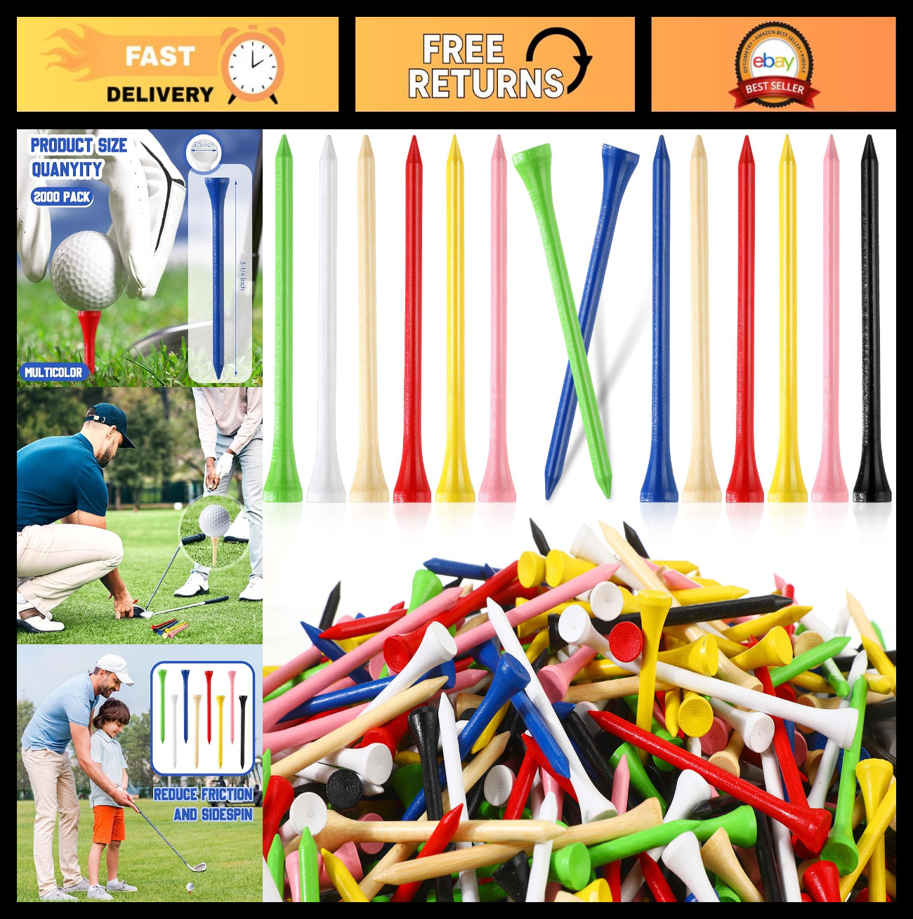 2000 Pcs Bamboo Golf Tees - Professional Bulk Set, Reduce Friction & Side Spin,