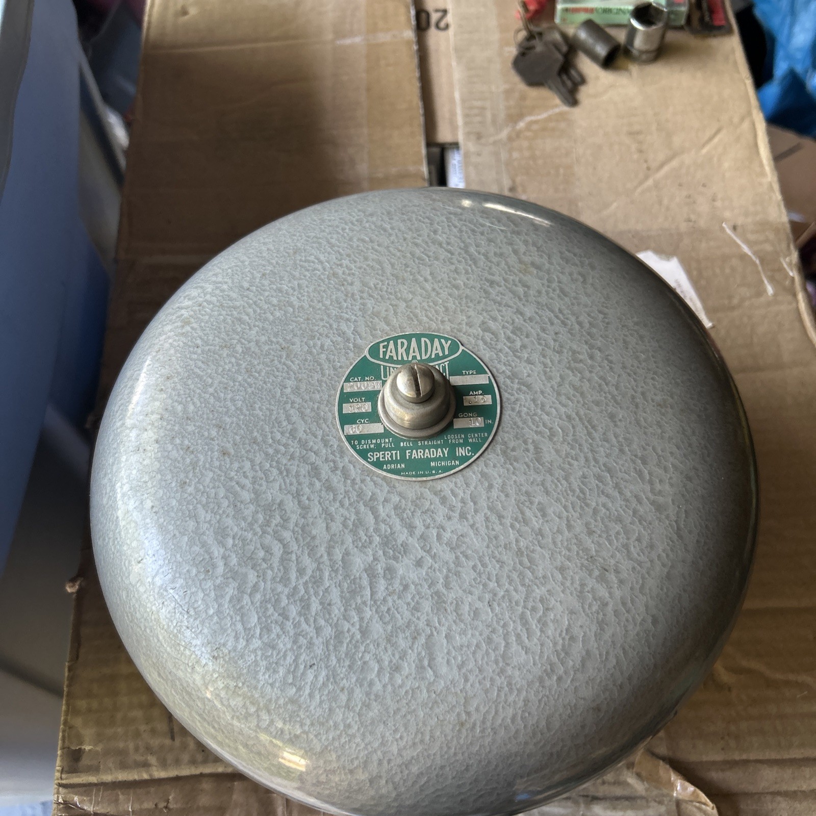 Vtg Faraday Alarm Bell Vibrating w/ 10" Gong 120v 60Cyc 15 Amp Cat No. 2005w NOS