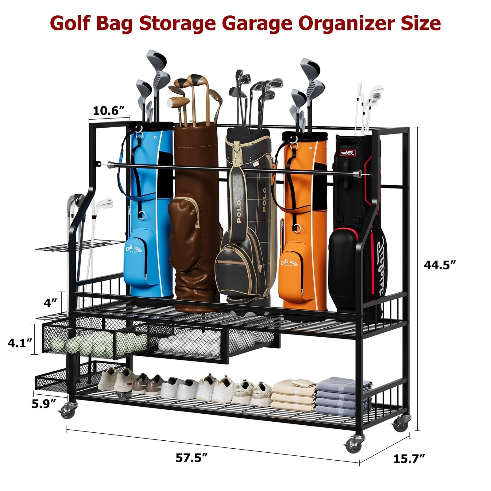 Metal Golf Bag Storage Rack with Wheels Garage Organizer Fit 5 Bags Stand