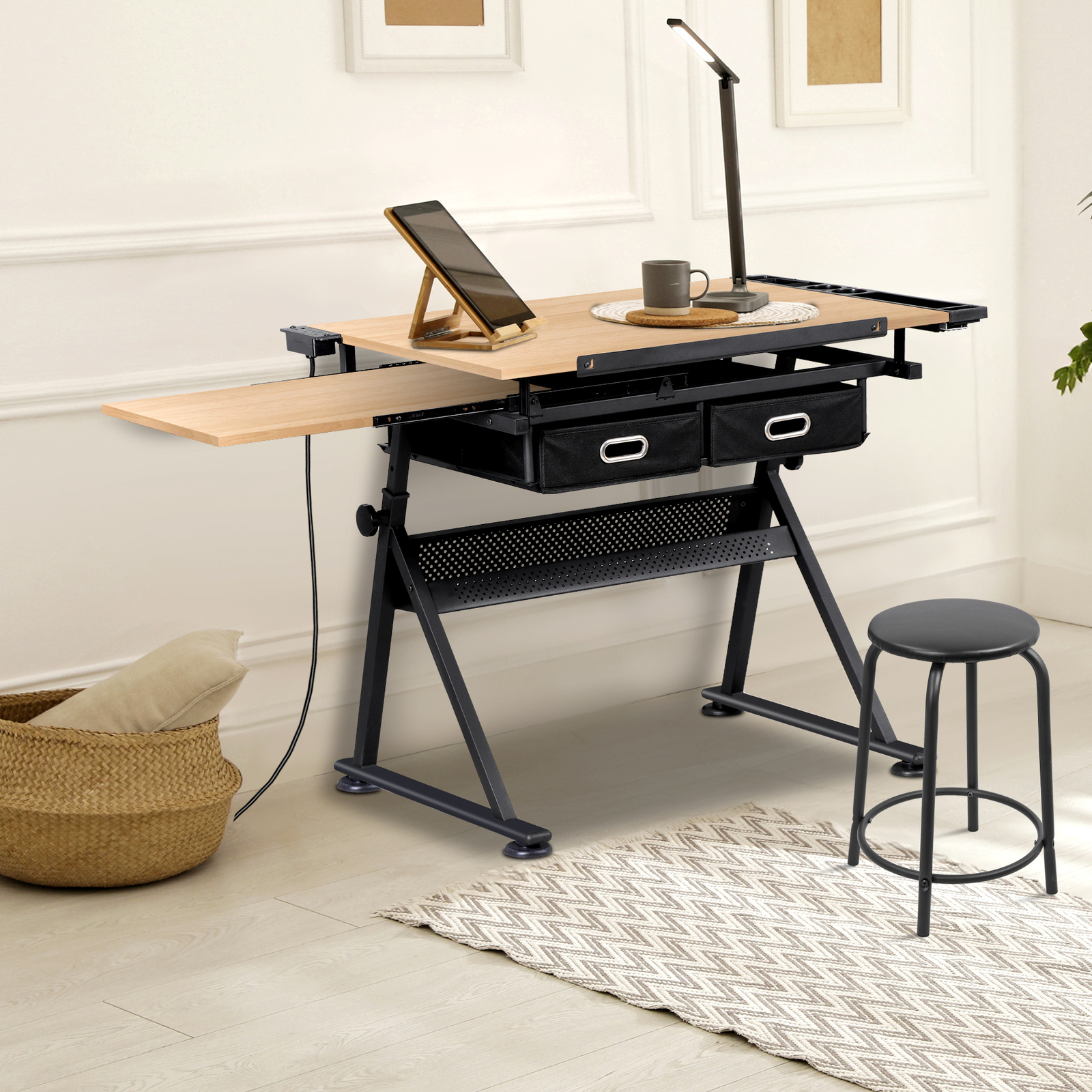 Drawing Drafting Table Stage Platform Adjustable Height W/ Stool Outlet Natural