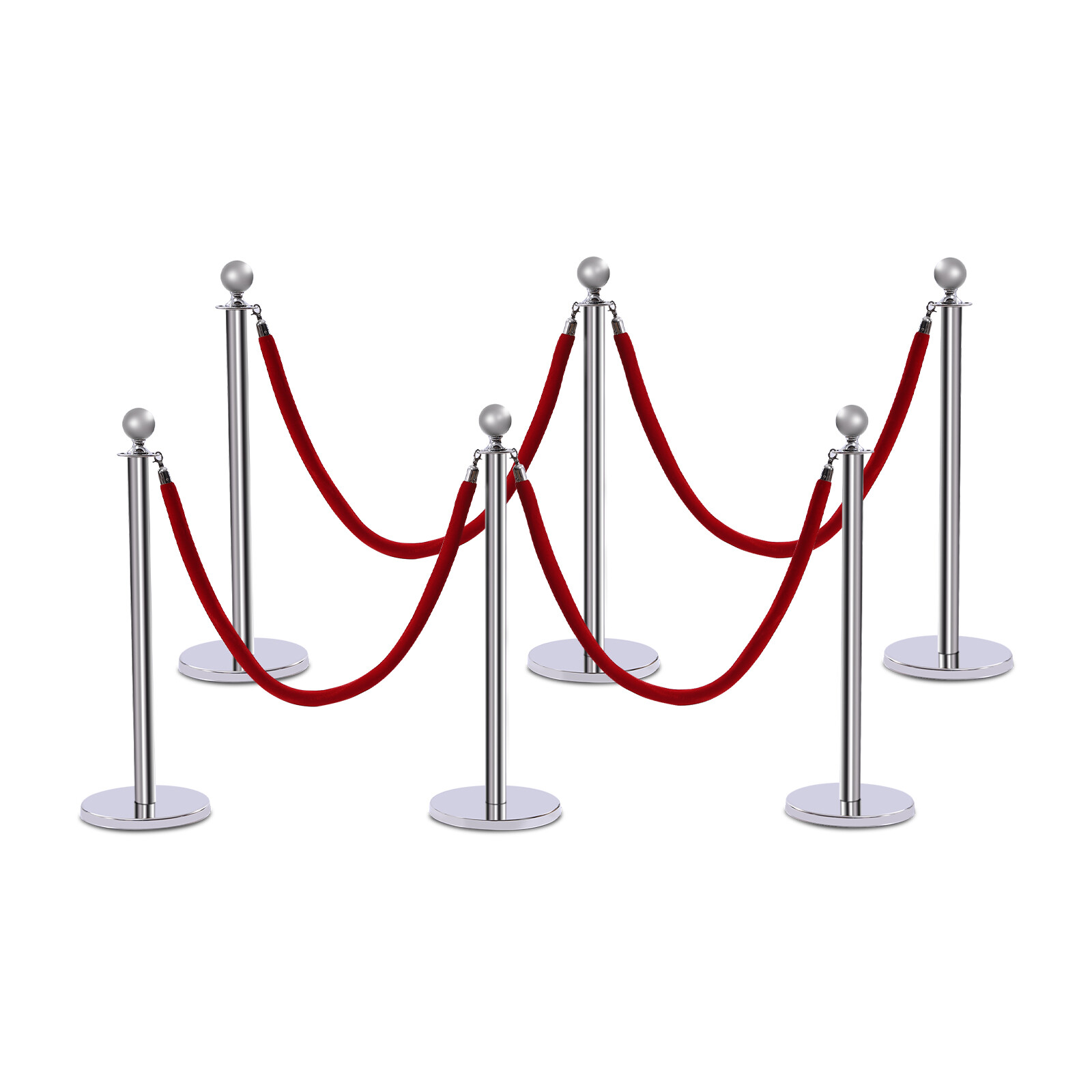 Silver 6Pcs Stanchion Posts with 4 Velvet Ropes Crowd Control Queue Pole Barrier