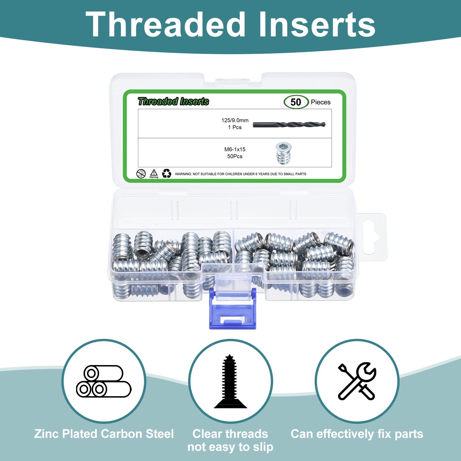 50Pcs Threaded Inserts, M6-1x15 Headless Hex Socket Drive Nut Inserts