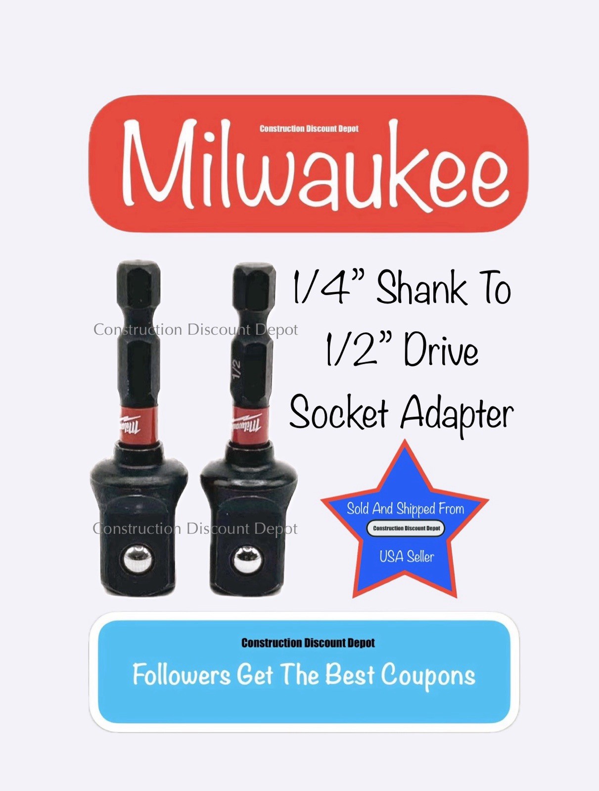 2 Pack Milwaukee 48-32-5034 Shockwave 1/4" In. Hex To 1/2" Drive Socket Adapter