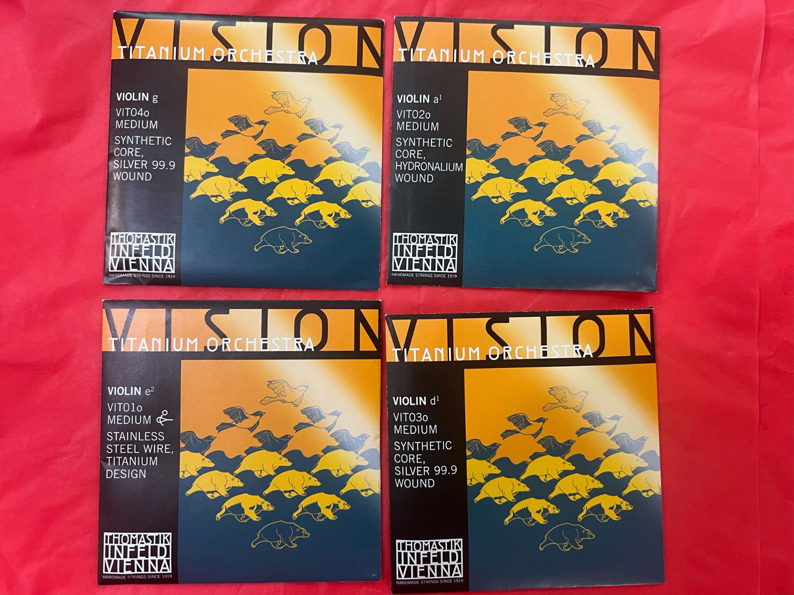 2x Authentic Thomastik Vision Titanium Orchestra Violin String Set Medium 4/4