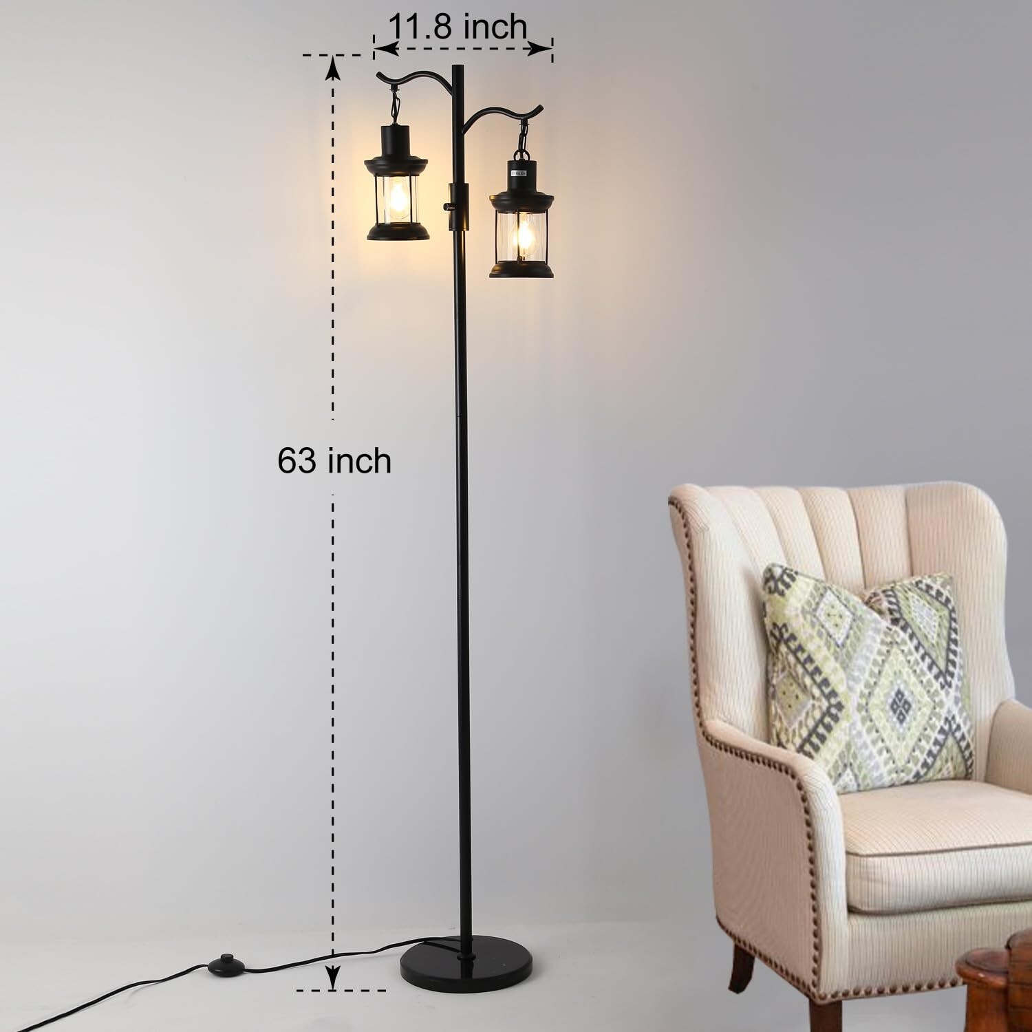 Vintage Dimmable Floor Lamp,2 Classical Lanterns Standing Lamp, Rustic Farmho...