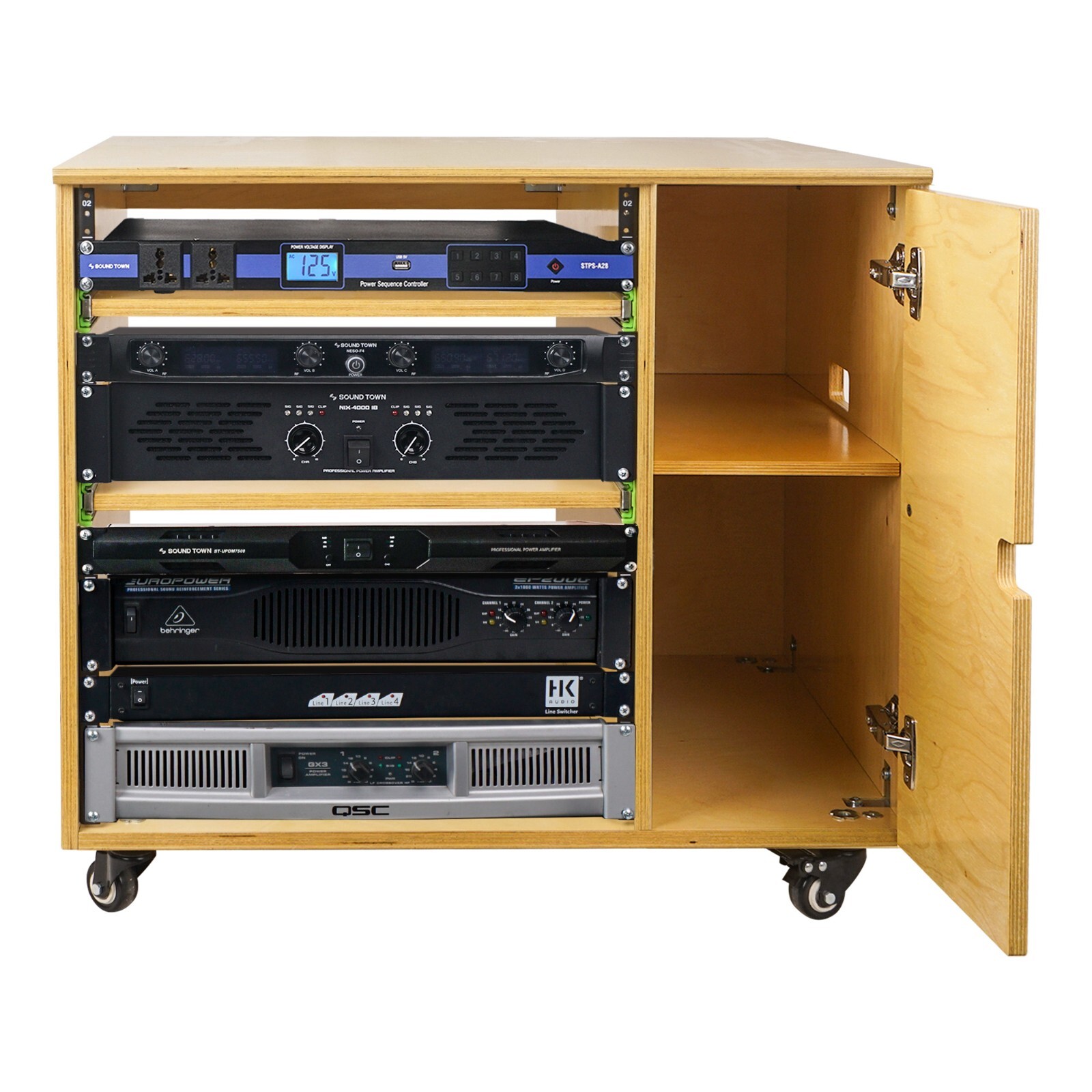 Sound Town 11U Plywood Studio Rack Slide-Out Trays Golden Oak (SDRK-CR11)