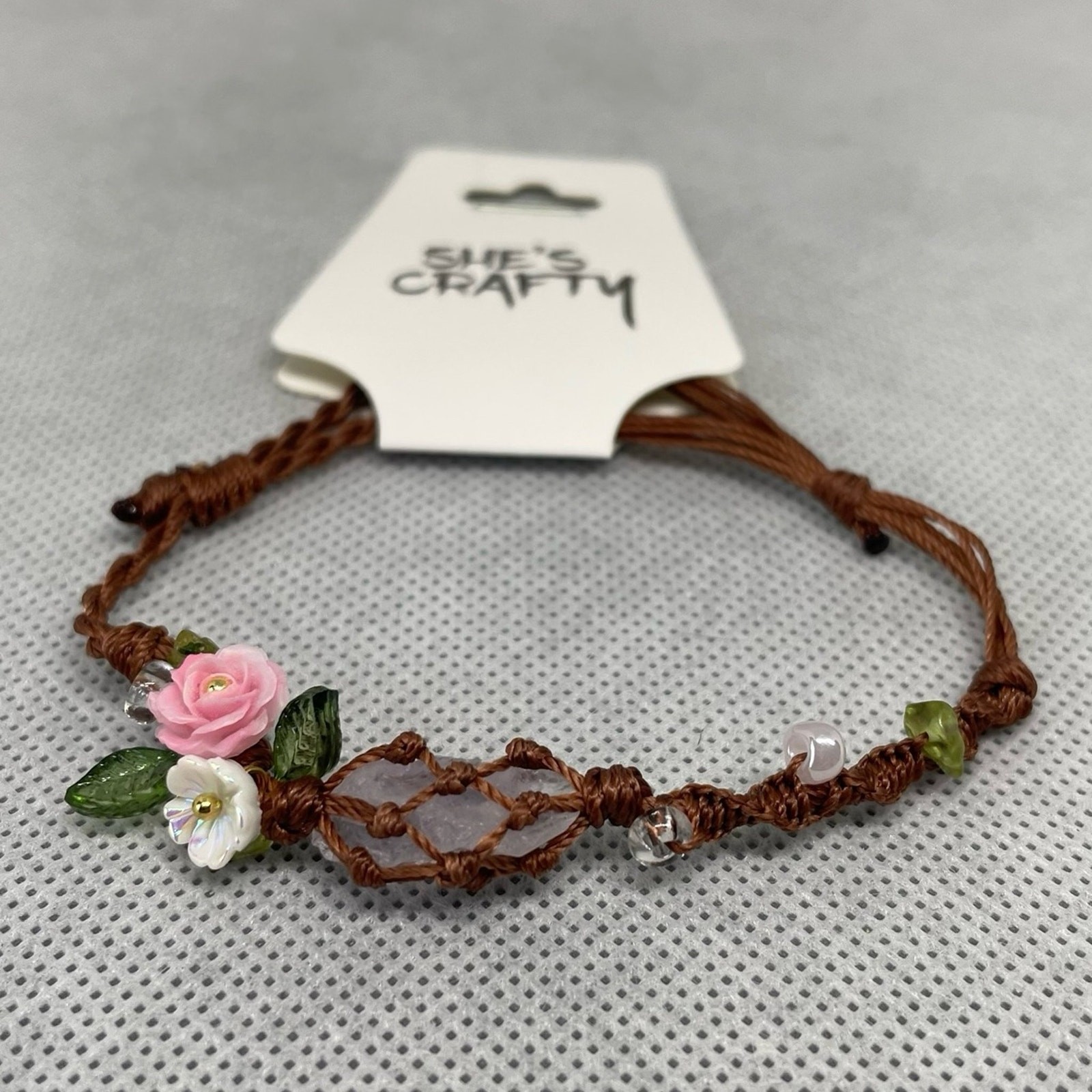Bohemian Crystal, Floral, Waxed Linen Adjustable Bracelet