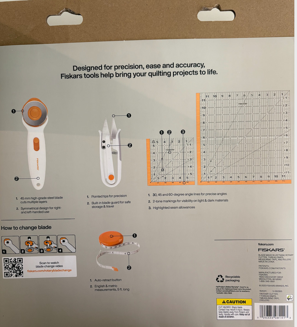 FISKARS 5 piece set Essential Quilting Tools - Cutter Snips Measuring Tape Ruler