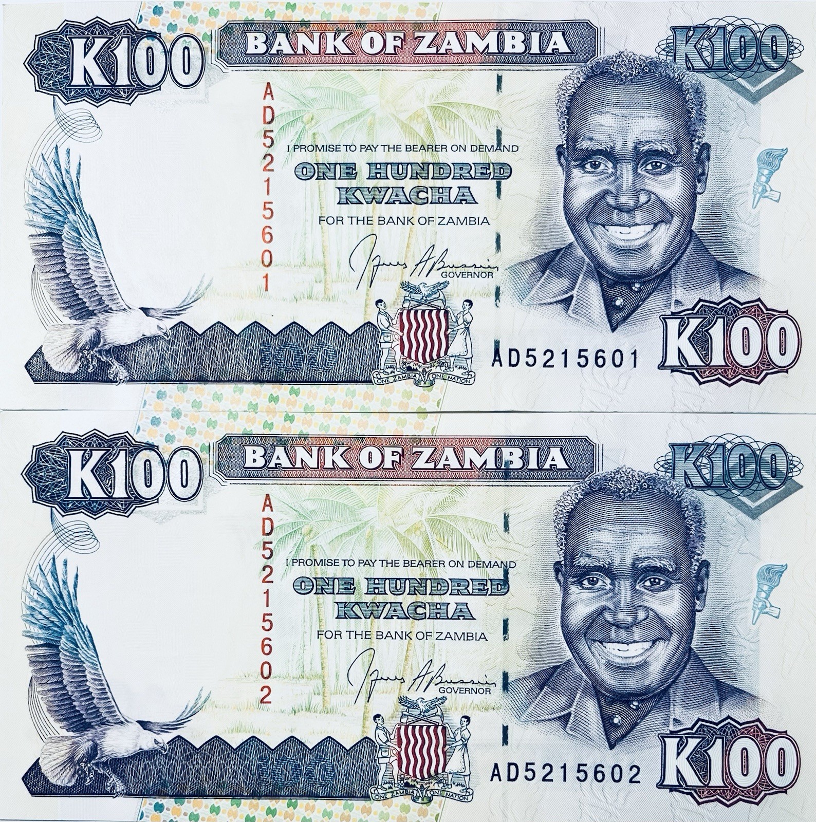 ZAMBIA 2 x OLD 100 KWACHA BANKNOTES 1991 VICTORIA FALLS CONSECUTIVE NUMBERS UNC