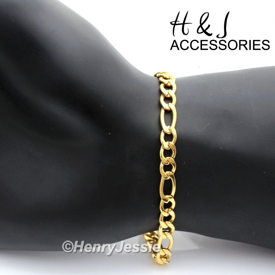 7"-10"MEN WOMEN Stainless Steel 6mm Gold Plated Figaro Link Chain Bracelet